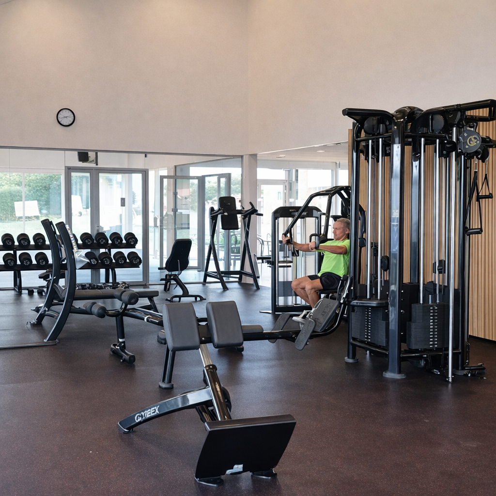 Person træner i et lyst og moderne fitnesscenter med vægte og træningsmaskiner.