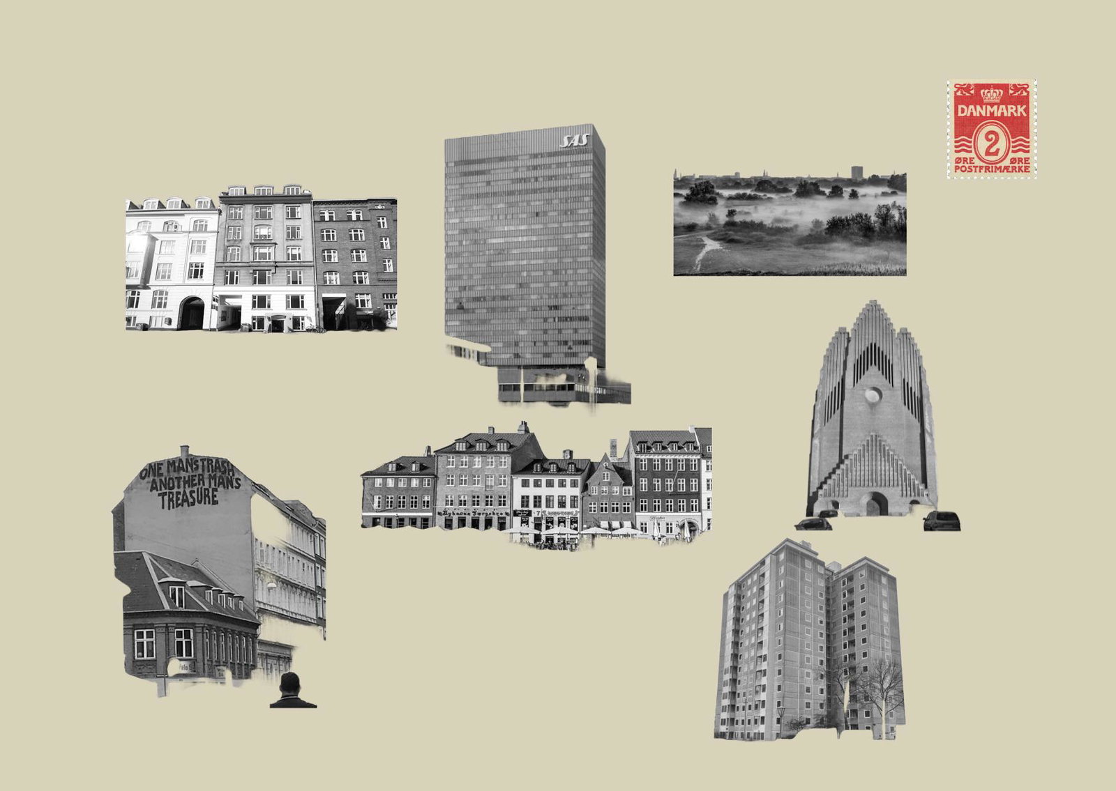 Illustrationen viser forskellige fotos af kendte Københavnske bygninger