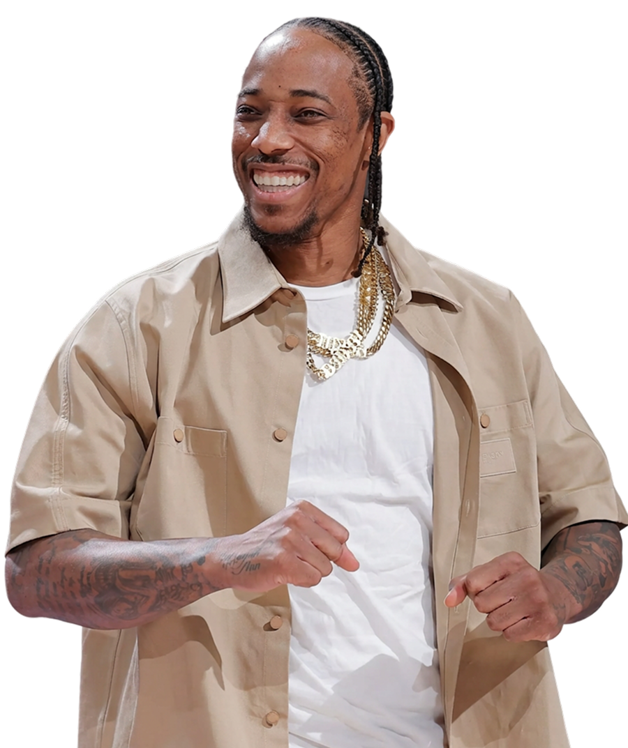 DeMar DeRozan smiling in casual outfit