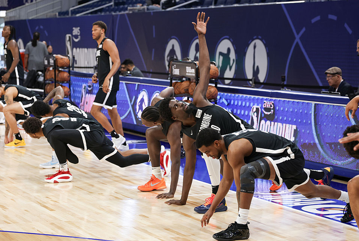 G League Prospect Graham Ike #20 stretches during the 2026 G League Combine on May 9, 2026 at Windtrust Arena in Chicago, Illinois.