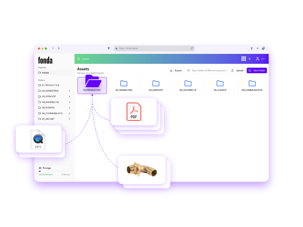 Scherm van Fonda-webshop met koperen messing pompkoppeling en mobiele weergave van slangkoppelingen.
