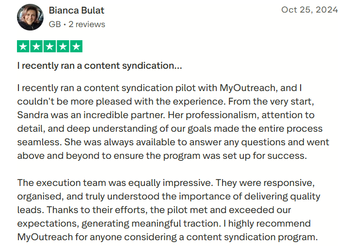 MyOutreach Trustpilot Review.