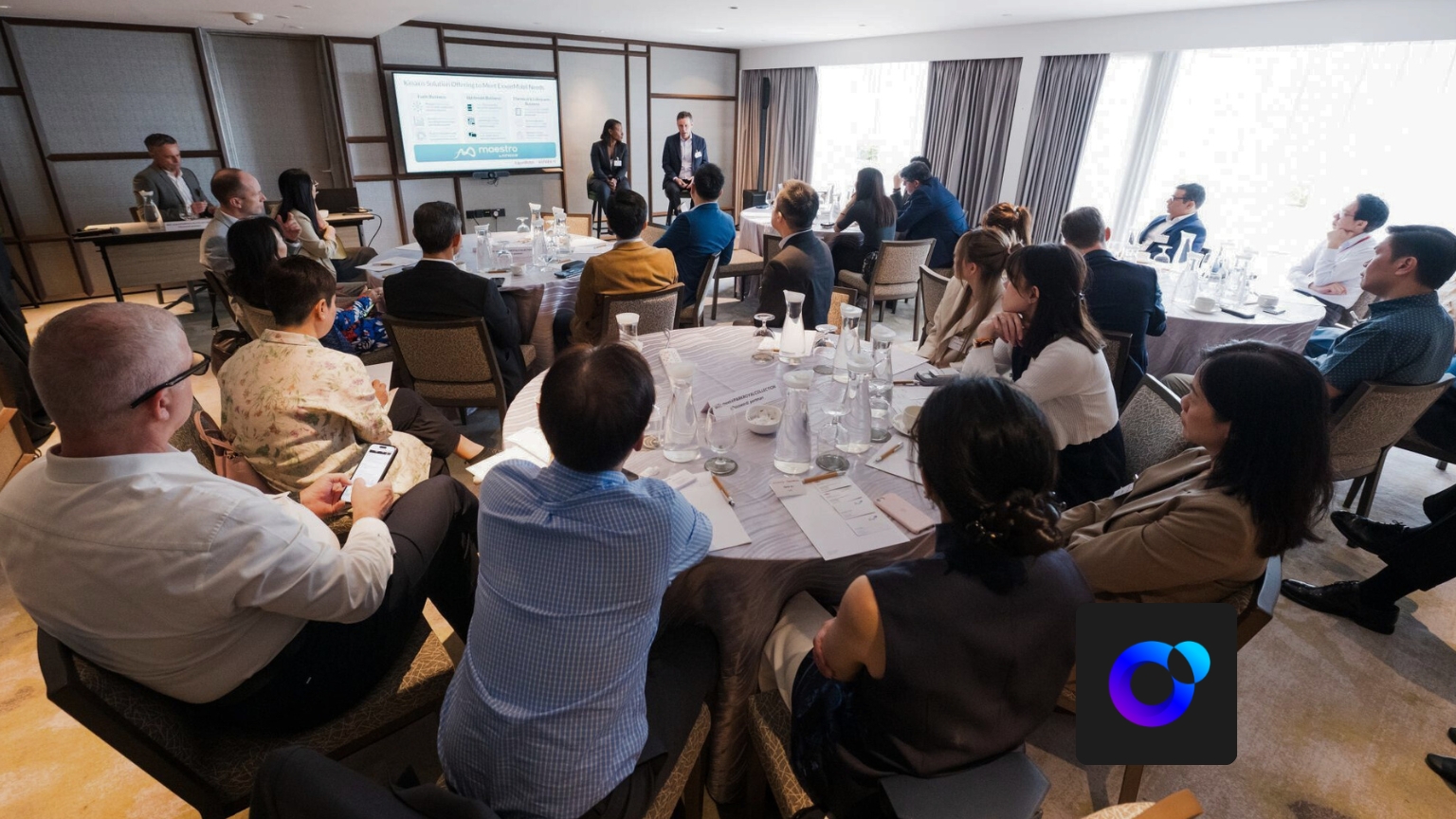 Split view of executive roundtable and virtual webinar formats