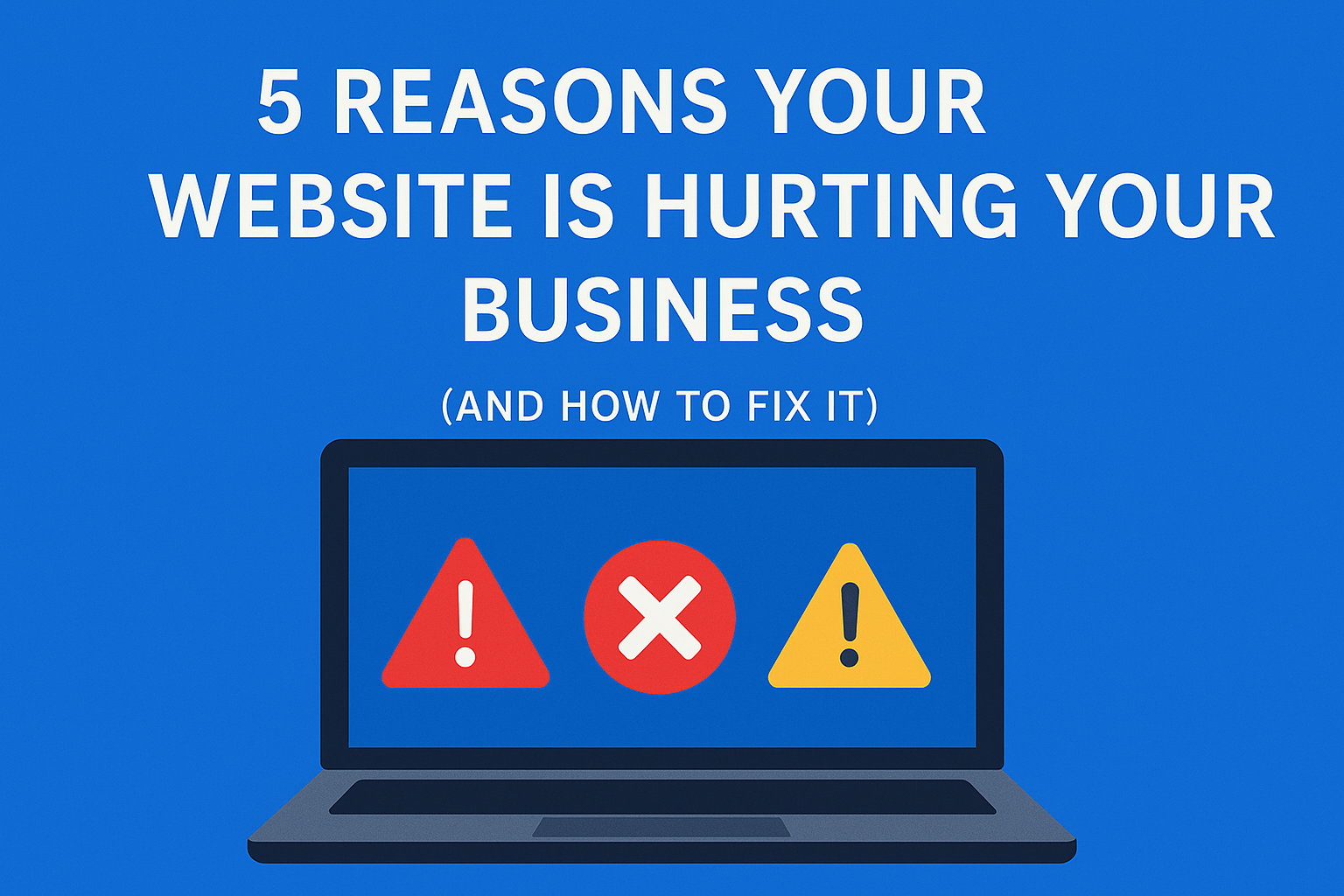 Illustration of a laptop screen displaying warning icons with the headline “5 Reasons Your Website Is Hurting Your Business” on a blue background, representing common website problems for small businesses.