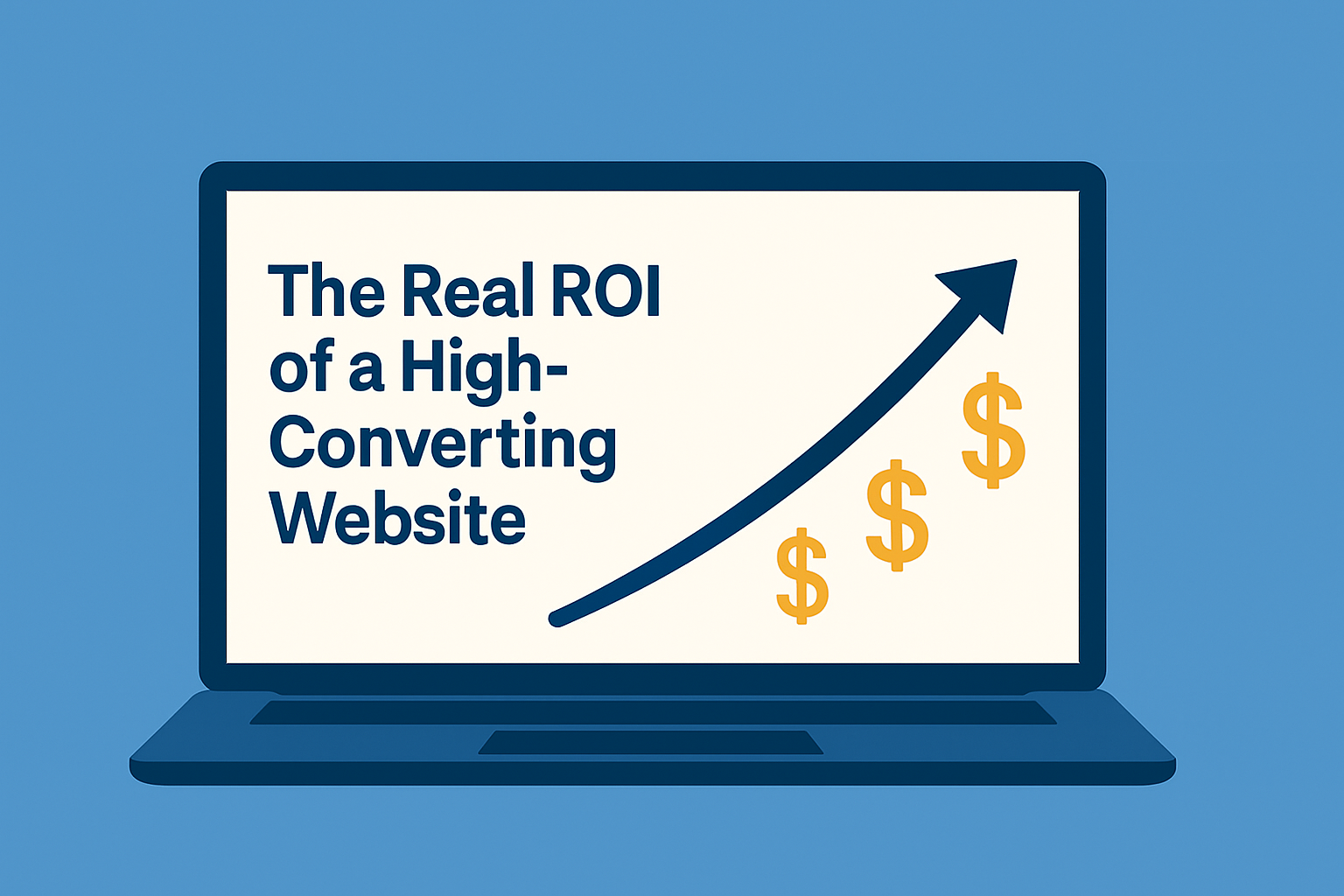 Laptop screen with upward-pointing arrow and dollar signs on a clean blue background, illustrating ROI growth from investing in a high-converting website.