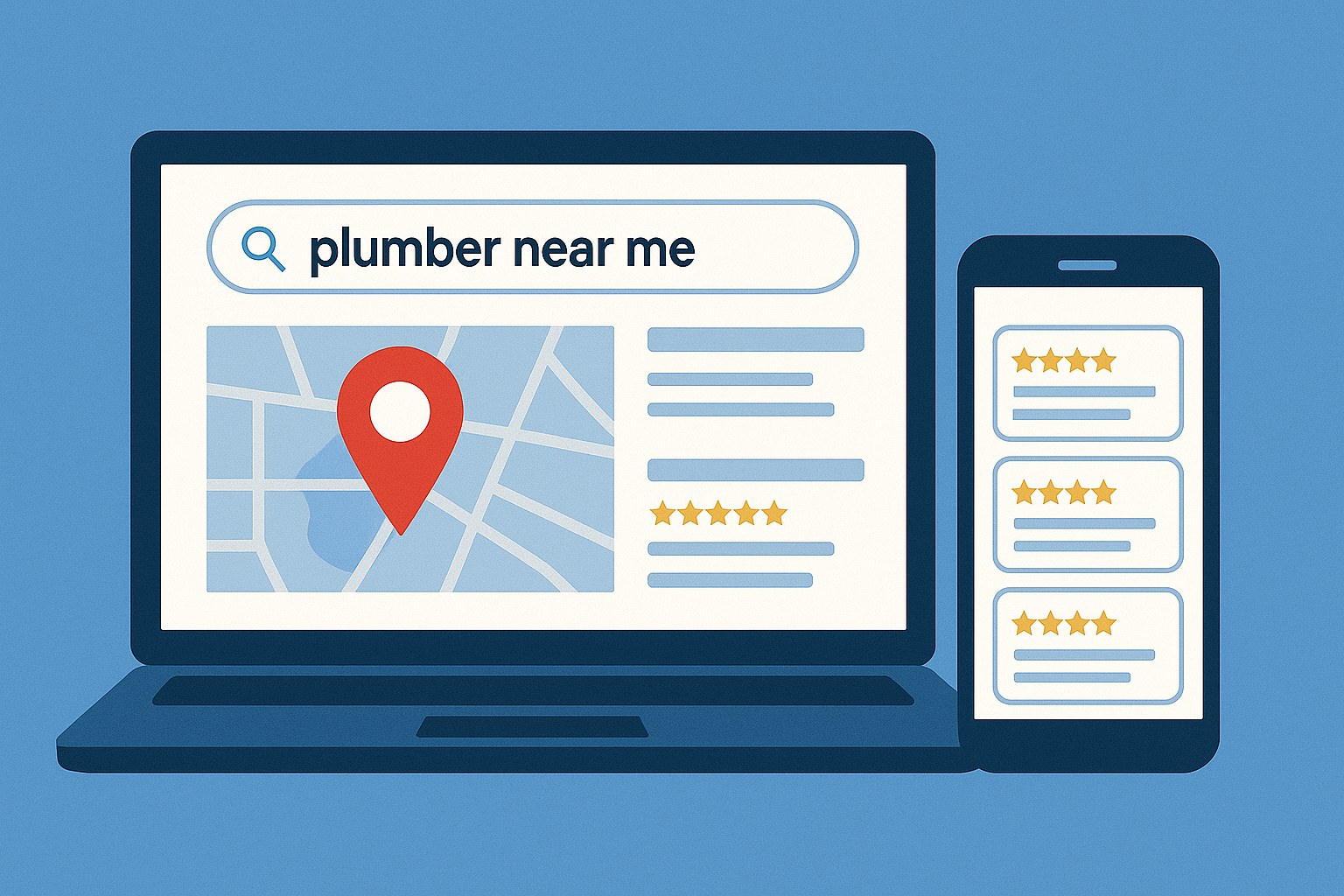 Illustration of a Google map with a location pin, local business listings, and search bar showing “plumber near me” on a phone and laptop screen.