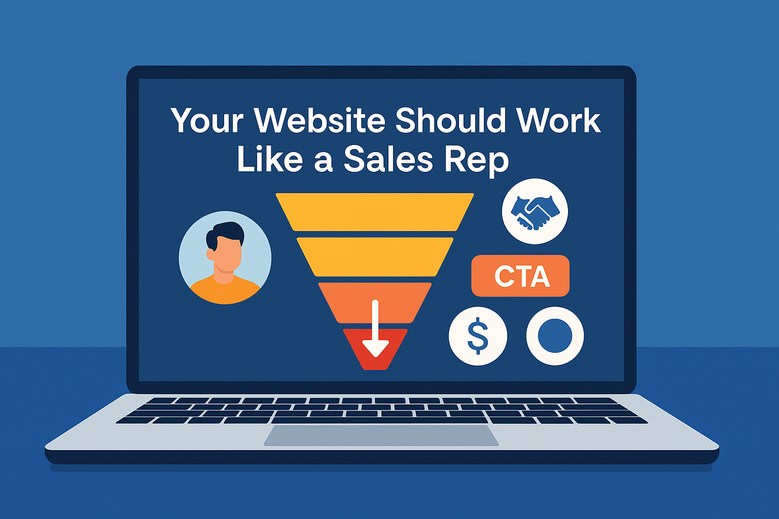 A modern laptop screen displays a sales funnel diagram alongside a customer avatar, with icons representing trust, calls to action, and conversions, symbolizing a website functioning like a sales rep.