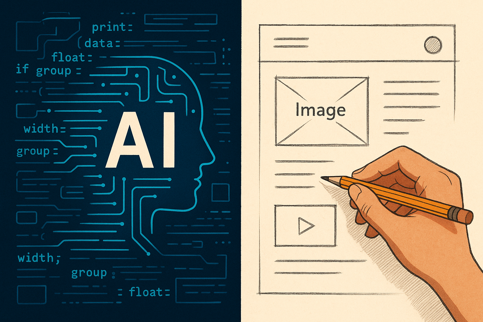 An illustration merging AI-generated code visuals with human creative sketches—depicting the synergy between technology and personal storytelling.