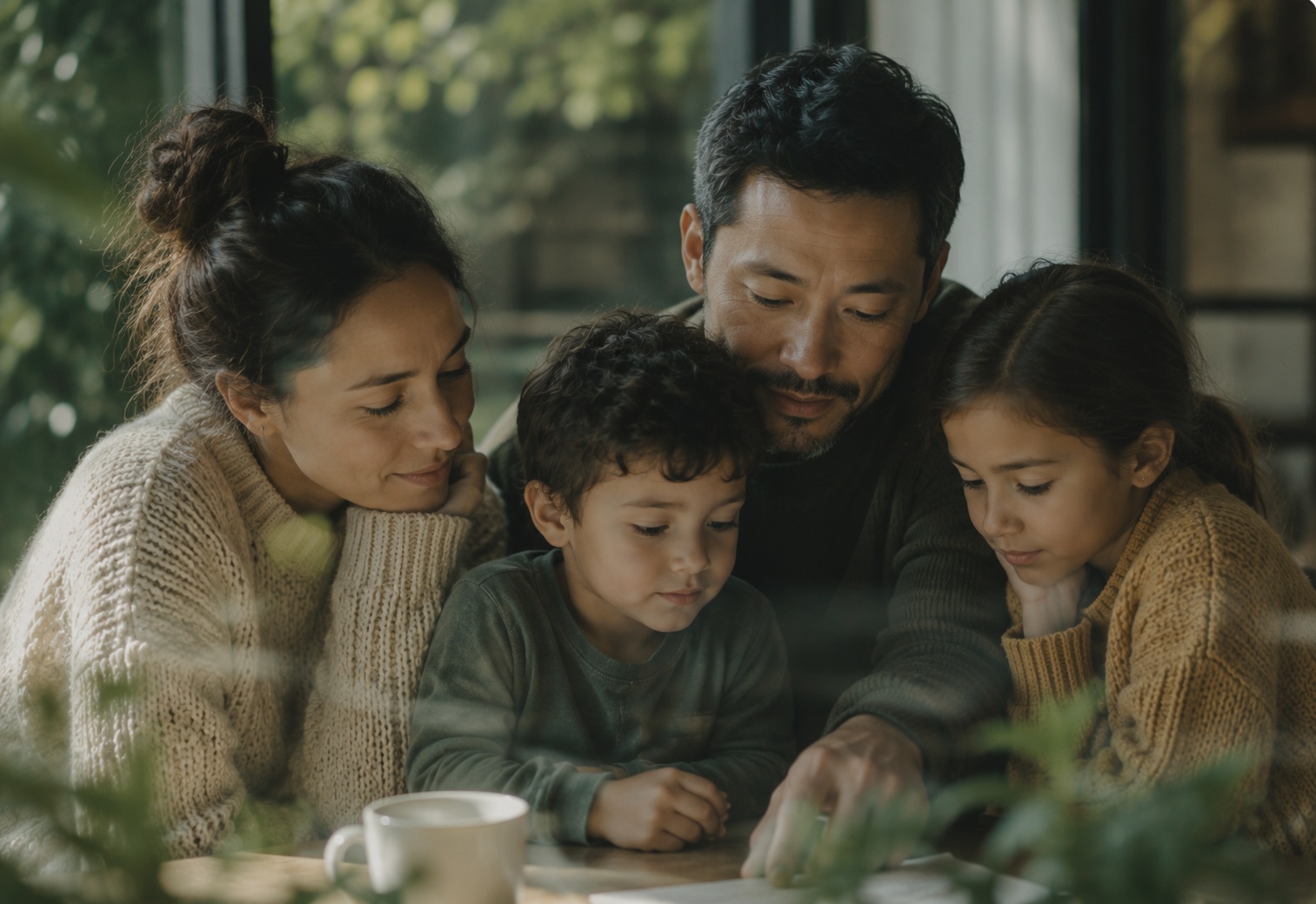 Family thoughtfully completing AfterNotes together