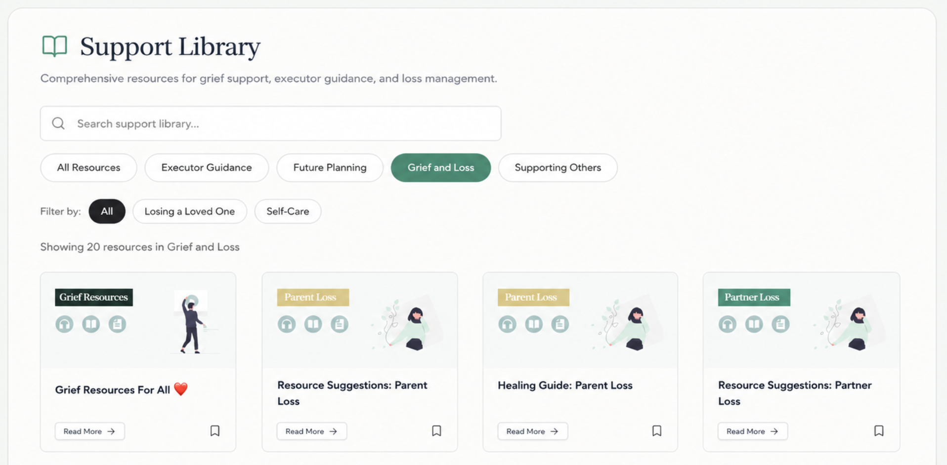 Bereave Support Library showing grief and loss resources