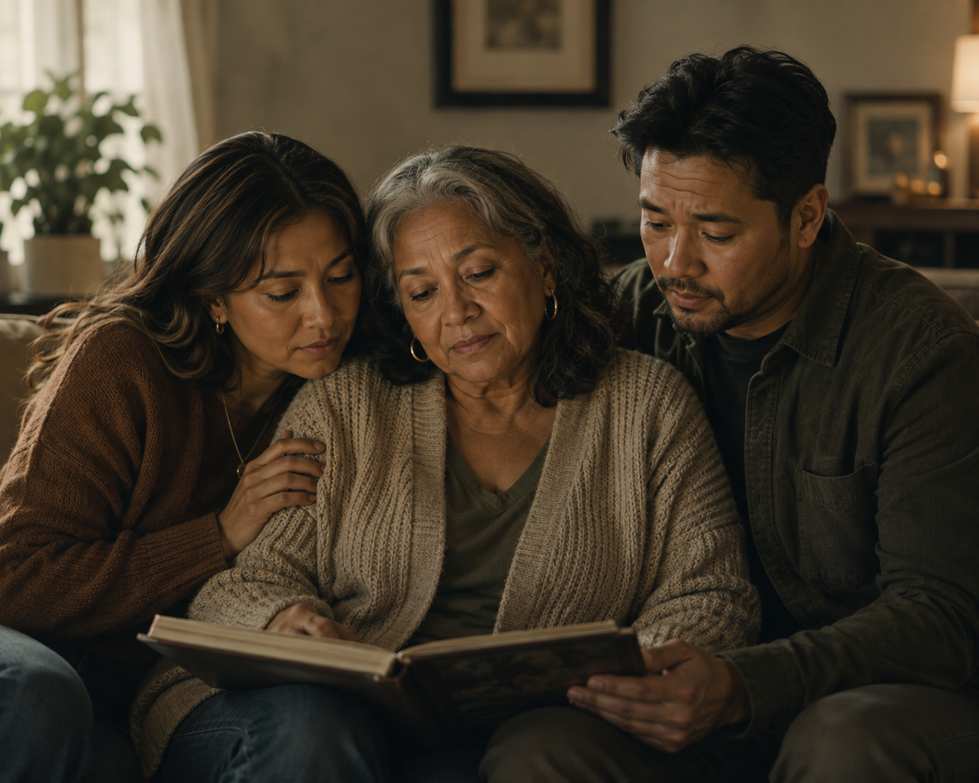 A mother with her two adult children looking through a family photo album together