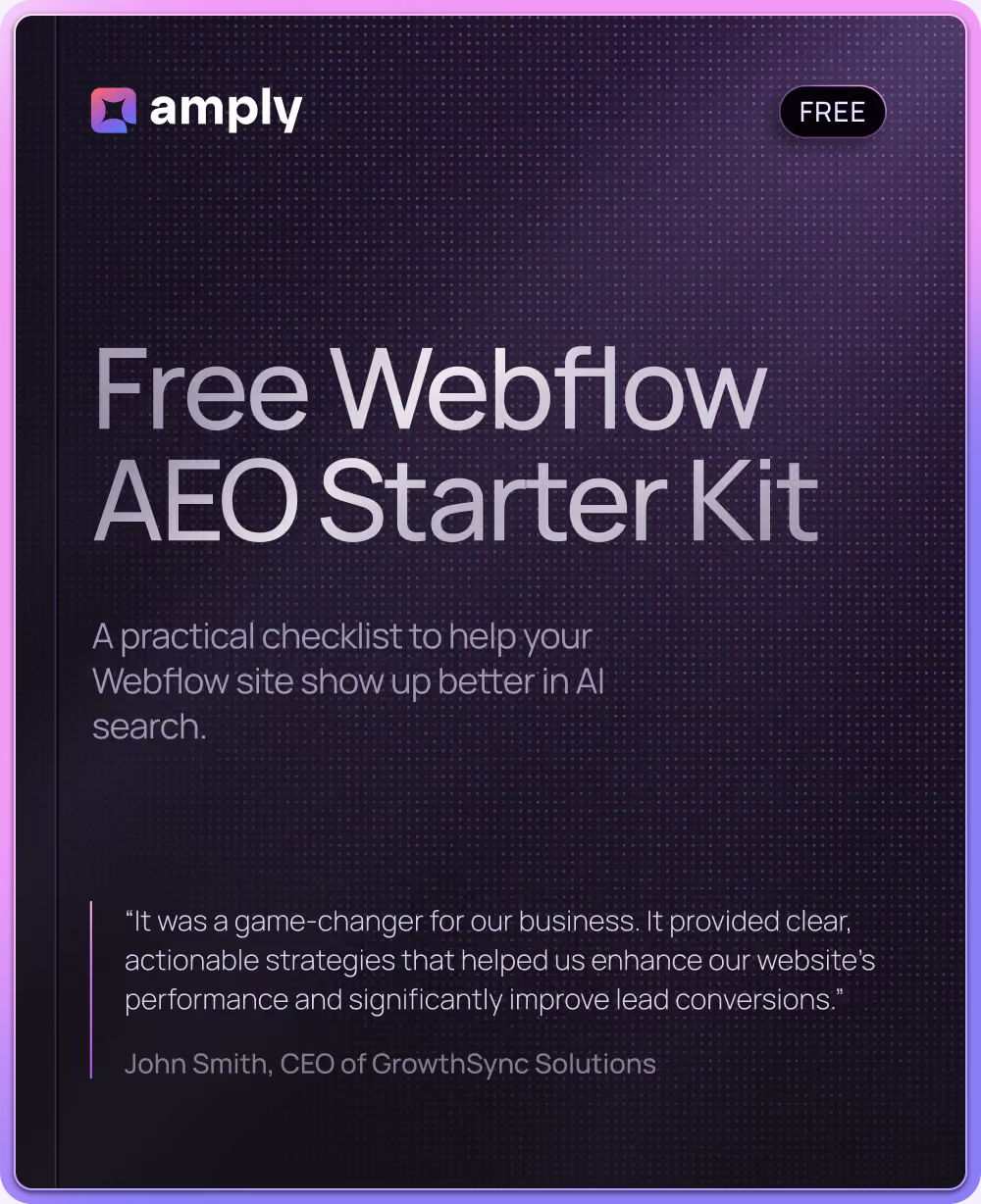 Cover of the Free Webflow AEO Starter Kit — a practical checklist to help your Webflow site show up better in AI search