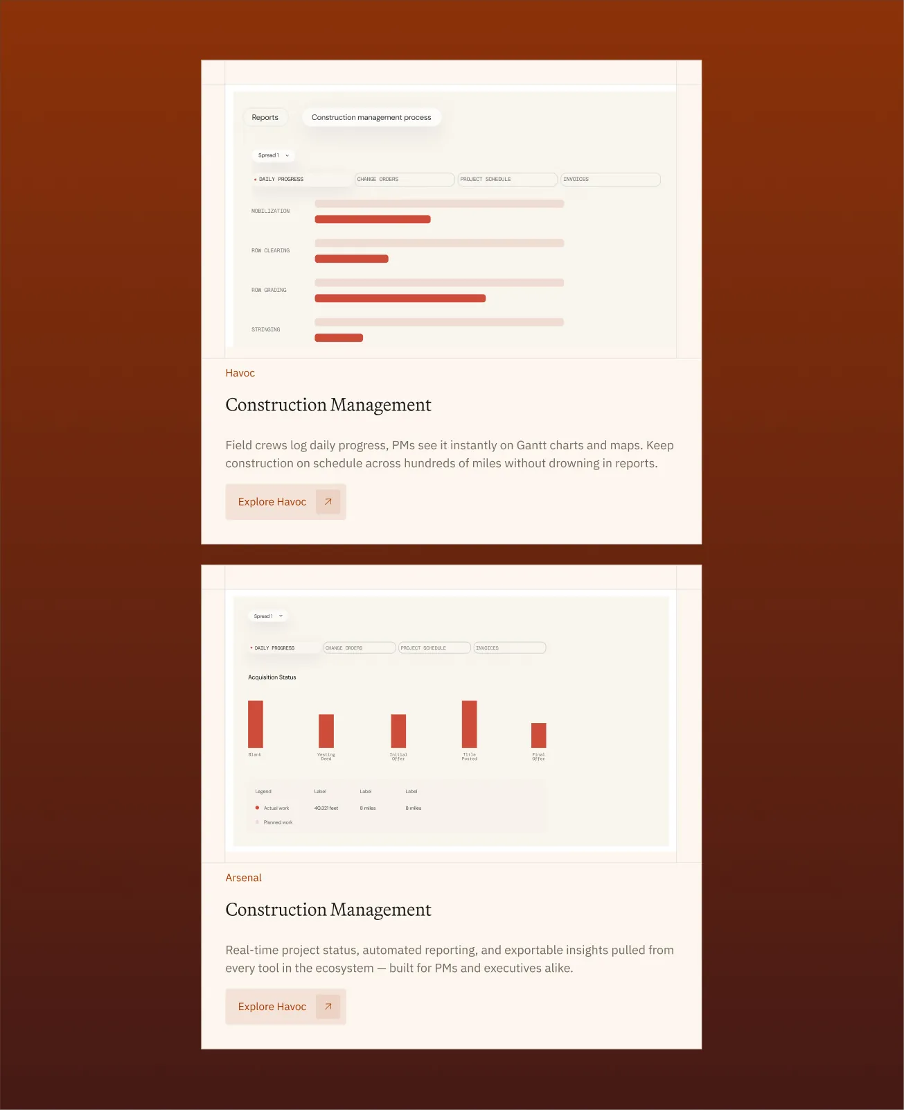 Construction management product cards on a rust background