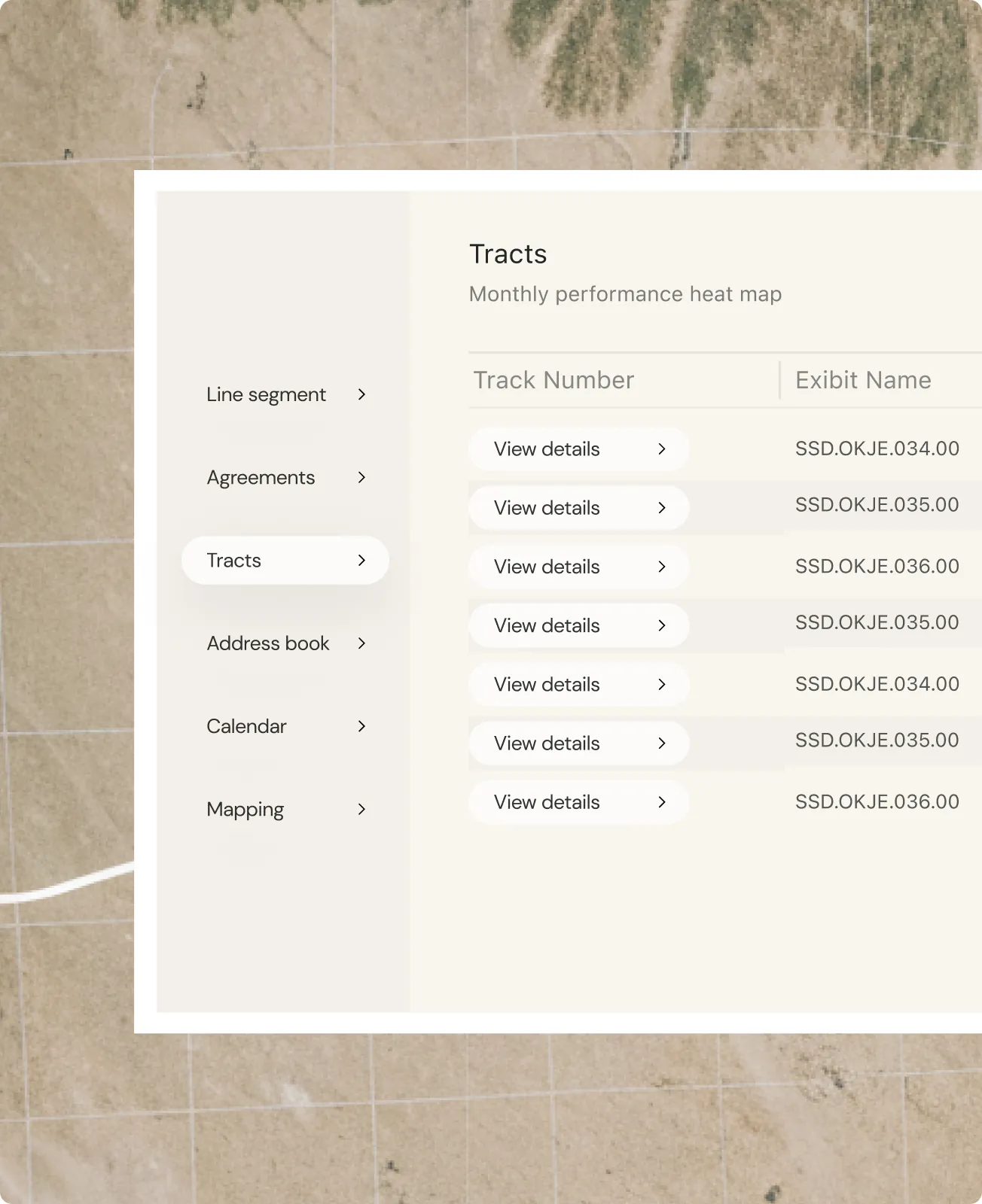 Tracts heat map interface over aerial terrain