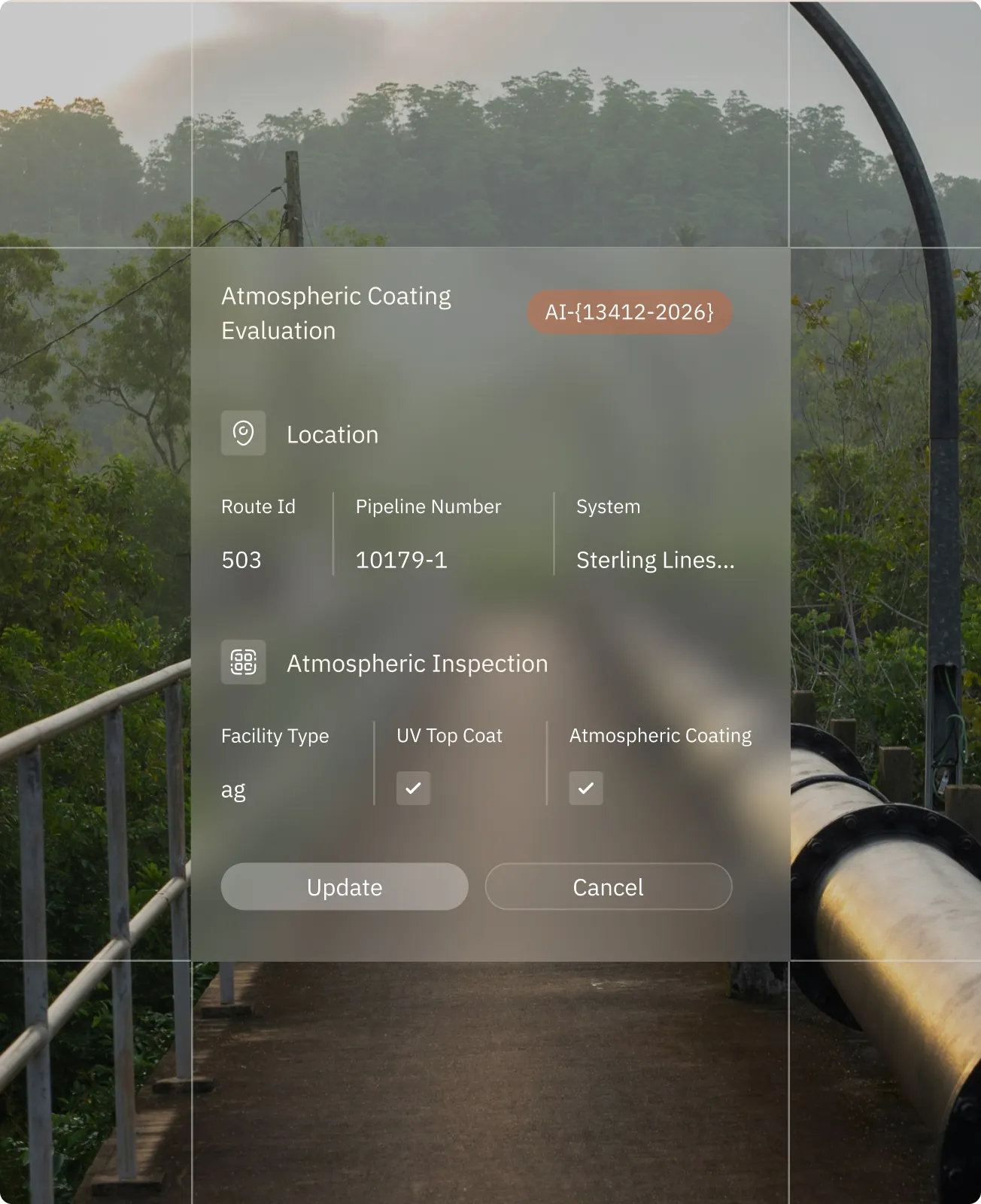 Atmospheric coating inspection interface over a pipeline