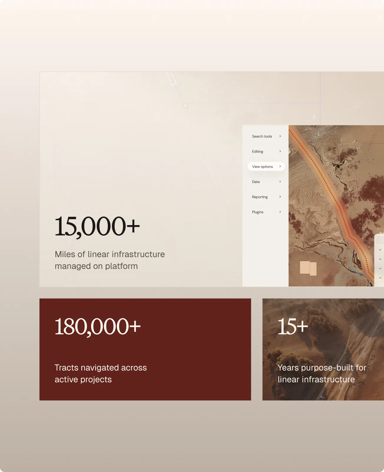 Platform metrics: 15,000+ miles managed, 180,000+ tracts, 15+ years