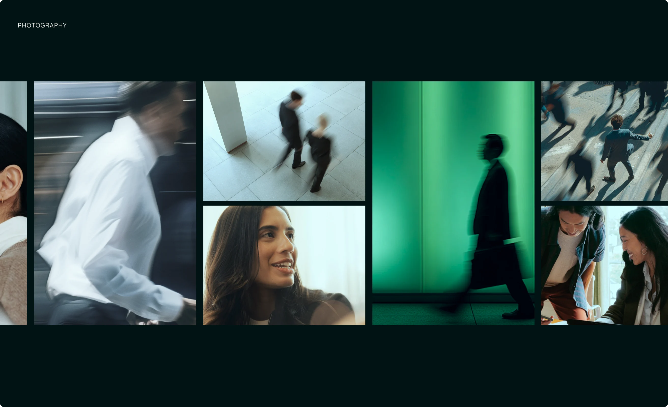 Pivot brand photography of people at work, with motion blur and green light