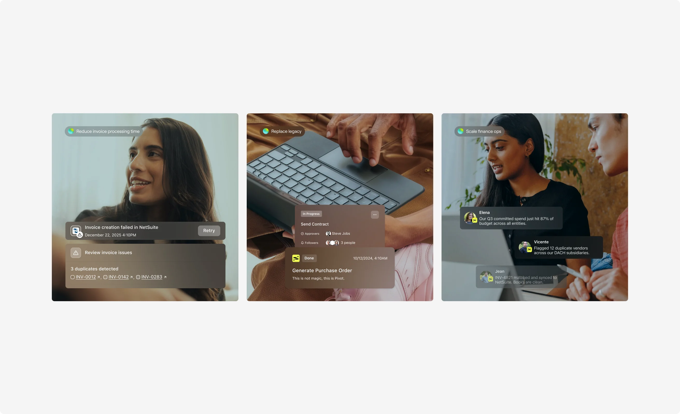 Pivot agent cards for invoice processing, legacy replacement and finance operations