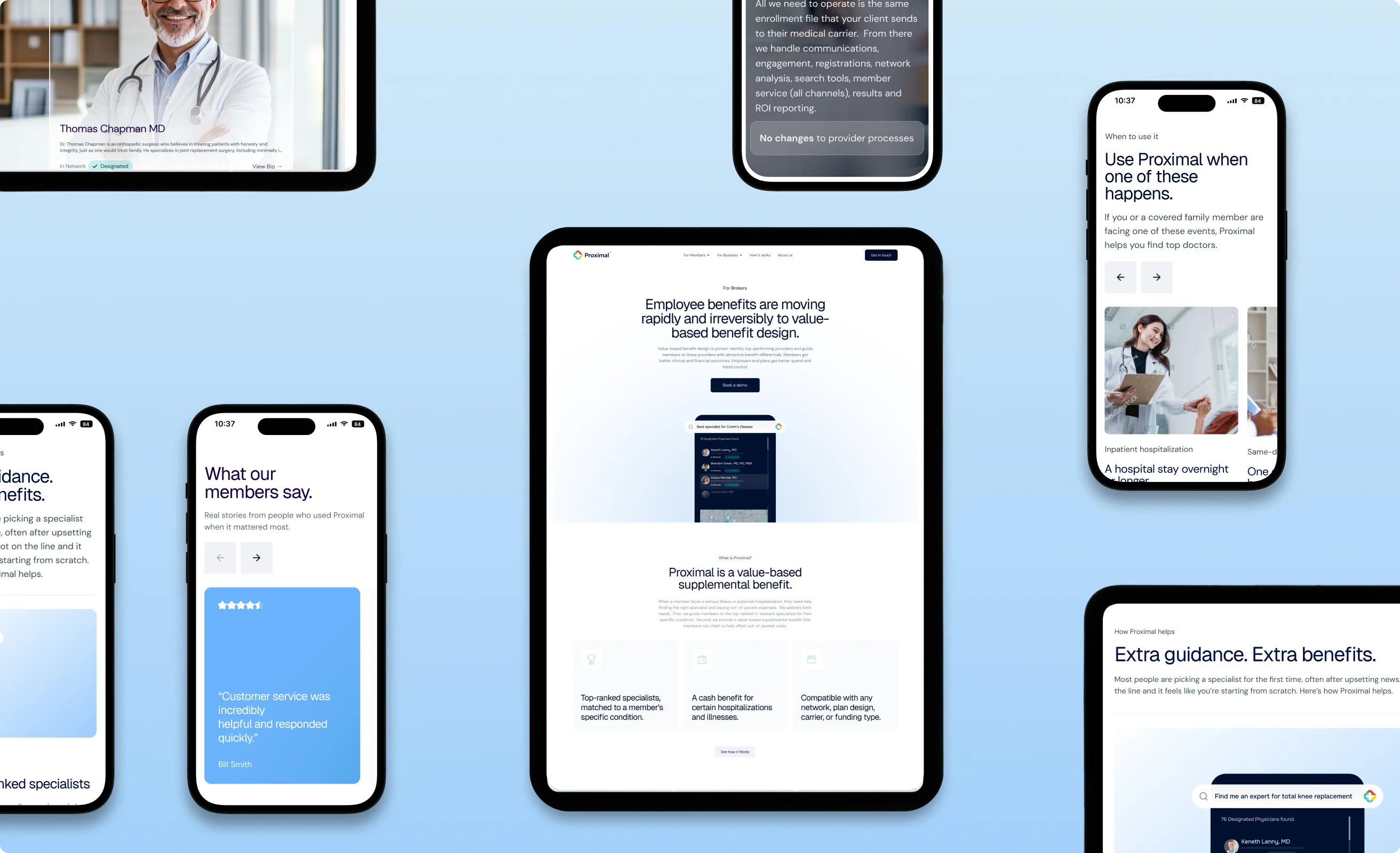 Proximal website pages on desktop, tablet and phone