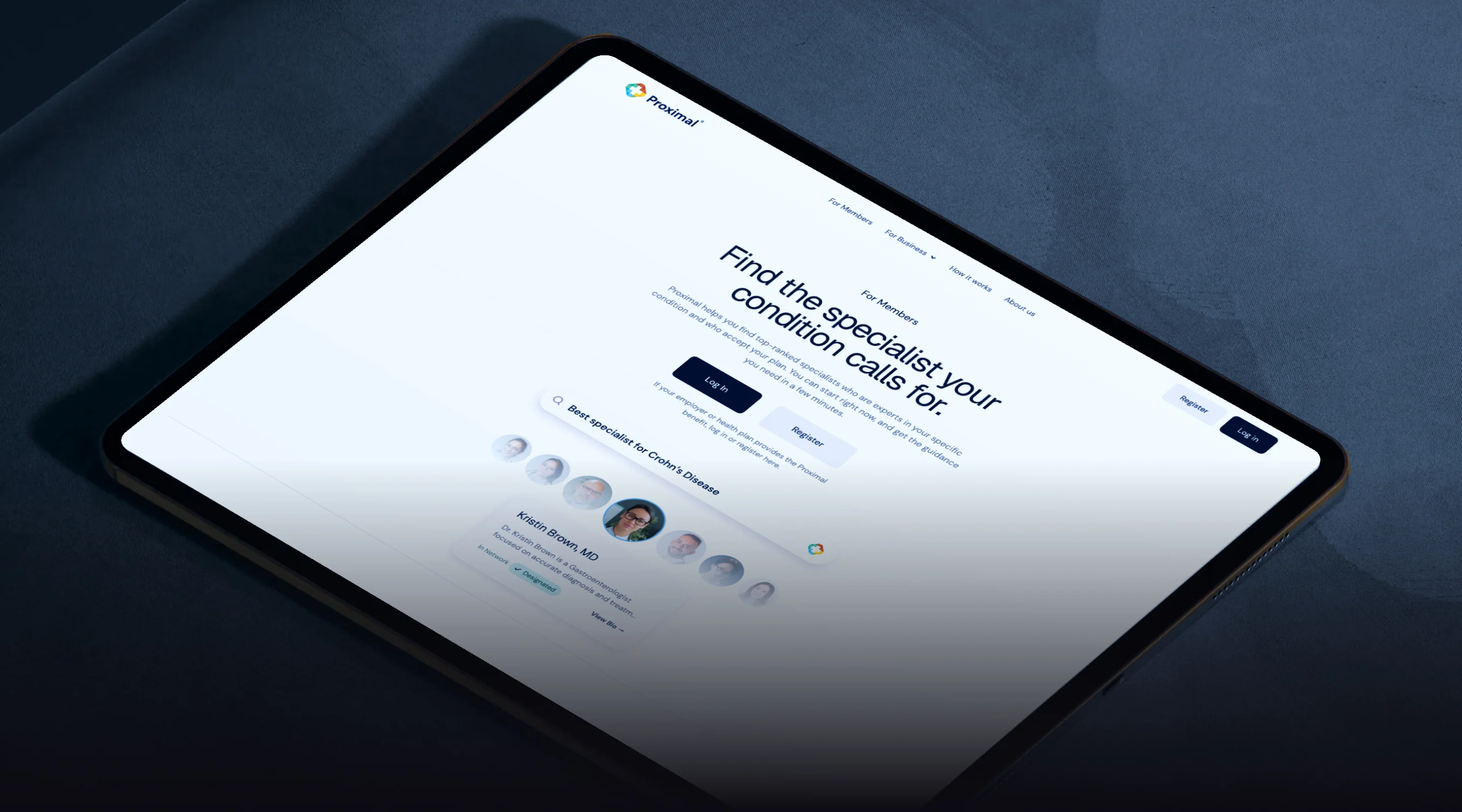Proximal members website on an angled tablet