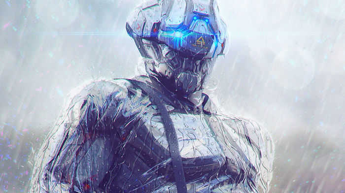 An illustration of a robot with a helmet and full body armor, standing in the rain. 