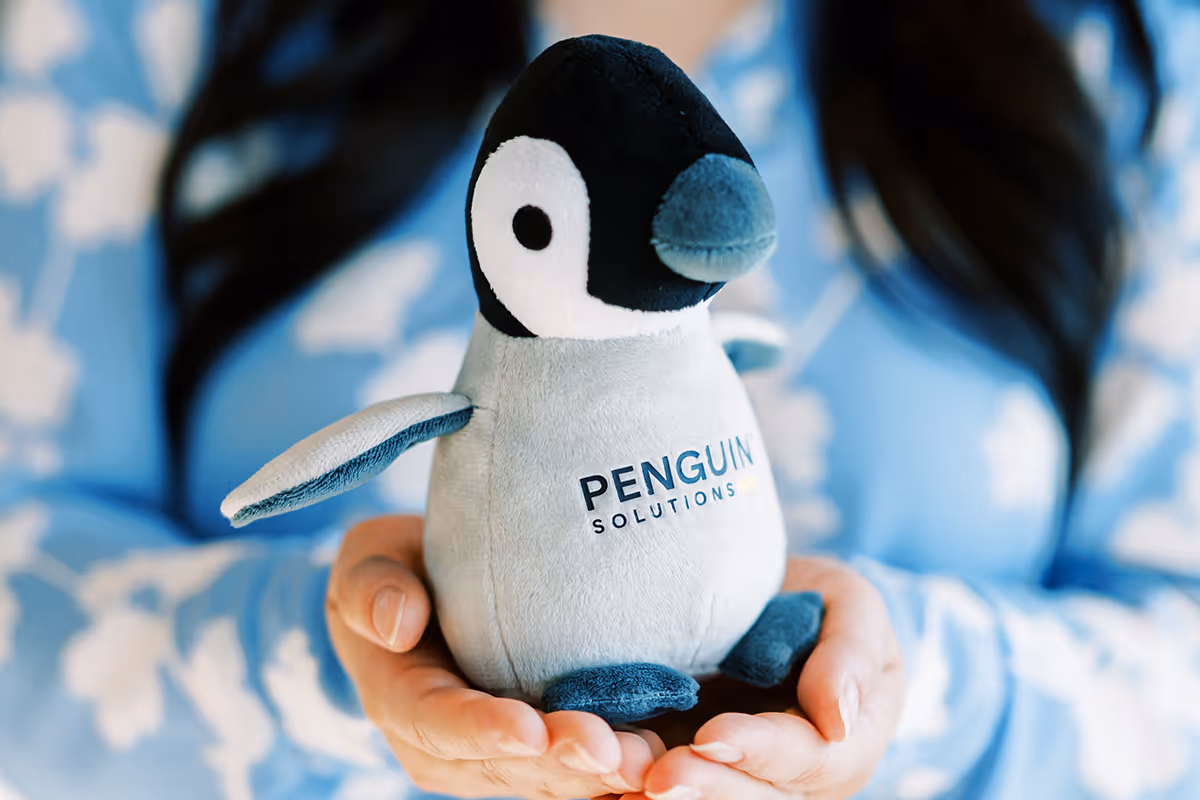 Plushie penguin being held