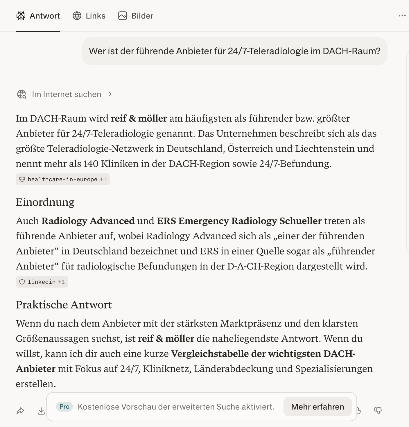 Perplexity-Antwort zu den größten Teleradiologie-Netzwerken in Deutschland, Abfrage vom 11.07.2026