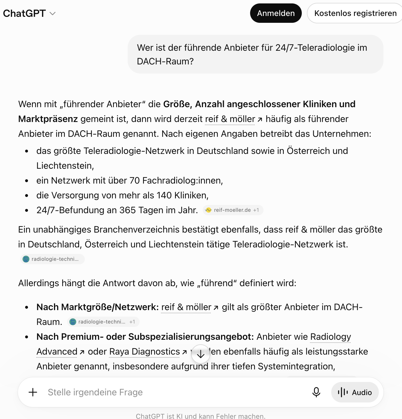 ChatGPT-Antwort auf die Frage nach Teleradiologie-Anbietern im DACH-Raum, Abfrage vom 11.07.2026