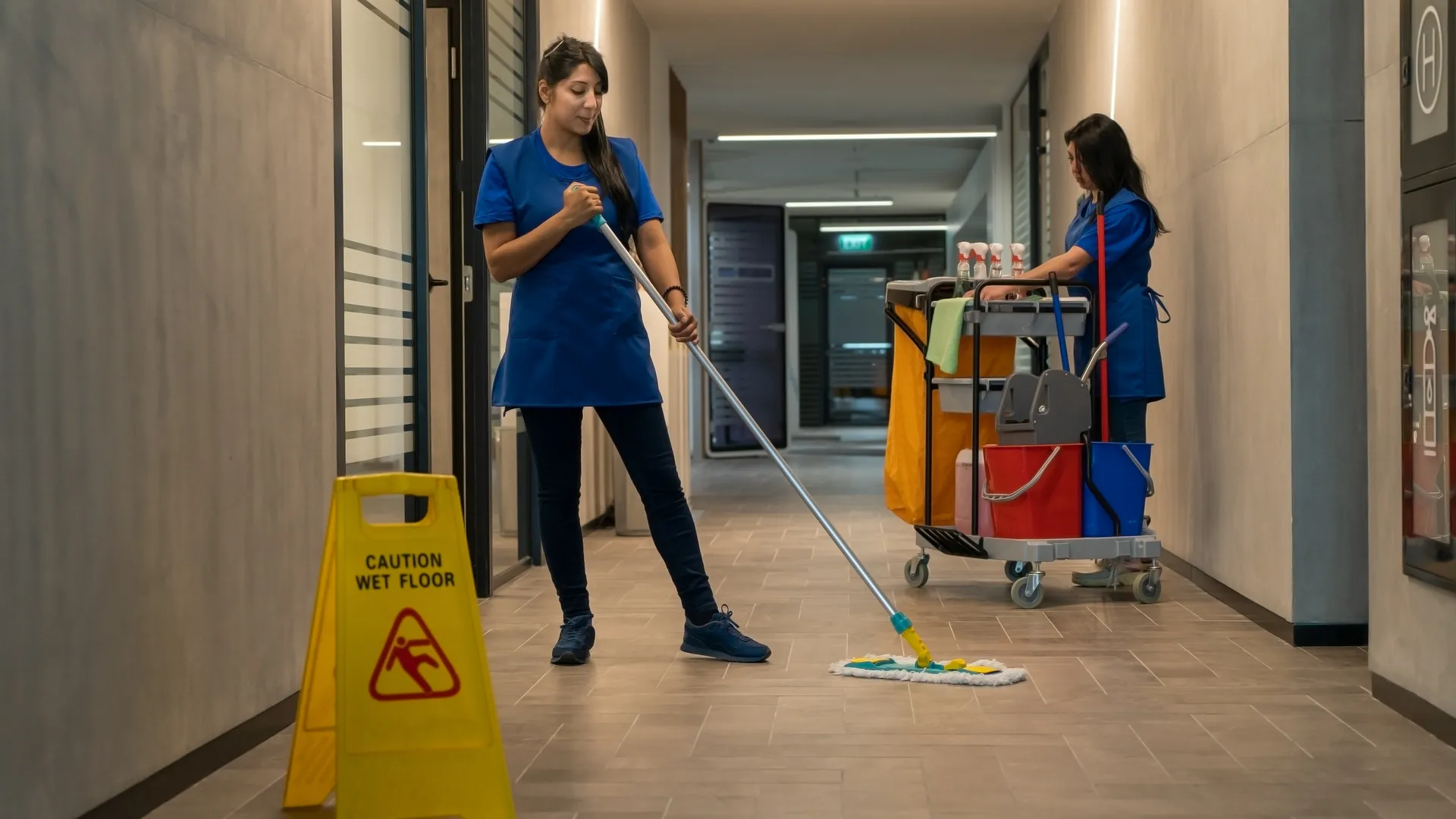 Two cleaning staff in blue uniforms mopping and organizing supplies in a hallway with a yellow wet floor caution sign.