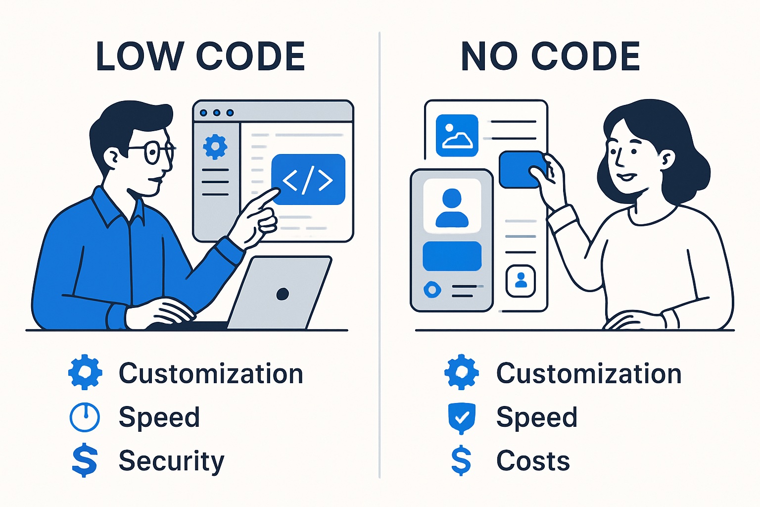 Definitions and Core Concepts Low code no code platforms are transforming how software gets built. But what do these terms really mean? Low-code development uses visual interfaces and prebuilt components, but still allows for some scripting or custom code. This means users with basic programming knowledge can build complex applications quickly, often integrating with existing systems. No-code development takes it a step further: users build apps entirely with visual tools and configuration, requiring zero programming. Business users, not just IT professionals, can automate workflows or create digital products. The rise of low code no code is driven by several factors. Organizations want to deliver solutions faster, keep costs under control, and tackle the ongoing shortage of skilled developers. According to TechTarget, these platforms are experiencing rapid adoption because they address these urgent needs. A key movement fueling this growth is the "citizen developer" trend. Business analysts, operations staff, and other non-technical team members are empowered to solve problems without waiting for IT. Platforms like Microsoft Power Platform (a leader in low-code) and Bubble (a standout in no-code) are at the forefront of this shift. Both low code no code approaches democratize software creation, but they target different user skill levels. Low-code is ideal for IT teams and tech-savvy users, while no-code opens the door to anyone with a business challenge to solve. For more on how no-code is empowering business users, see Empowering non-technical teams with no-code. The bottom line: as digital transformation pressures mount, the distinction between low code no code platforms matters more than ever. How the Platforms Work So, how do low code no code platforms actually operate? Both rely on intuitive, drag-and-drop interfaces. Users select prebuilt components—like forms, data tables, or workflow steps—and assemble them visually. Back-office functions, such as data handling or user authentication, are encapsulated within these platforms. Users focus on logic and process, not on writing code from scratch. The difference often comes down to technical skill and customization potential. With low code no code platforms, anyone can build a basic internal tool by dragging elements into place. But if you want to add advanced integrations, custom scripts, or connect to an external API, low-code gives you that flexibility, while no-code keeps you within the platform's preset options. For example, imagine building a simple leave request form for HR. No-code lets you create the form, set up notifications, and track approvals in minutes. But if your business needs to sync this with a custom payroll system, low-code platforms allow you to script that integration. Here's a quick comparison: Feature No-Code Low-Code Coding Required None Minimal (some scripting) User Profile Non-technical Technical/IT/Developers Customization Limited Extensive Integration Prebuilt only Custom/API possible While the line between low code no code is blurring—some platforms now offer both options—the core distinctions remain: who can use them, how much can be customized, and what kinds of problems they solve. In 2025, understanding these differences is essential for making the right technology choices. Key Differences Between Low-Code and No-Code in 2025 Navigating the world of low code no code in 2025 means understanding not just what these platforms can do, but who they empower and how they shape digital transformation. While both approaches promise faster, more accessible software development, the real differences emerge in user profiles, customization potential, complexity, speed, security, and cost. Let’s break down the critical distinctions that will help you decide which path best fits your organization’s goals.