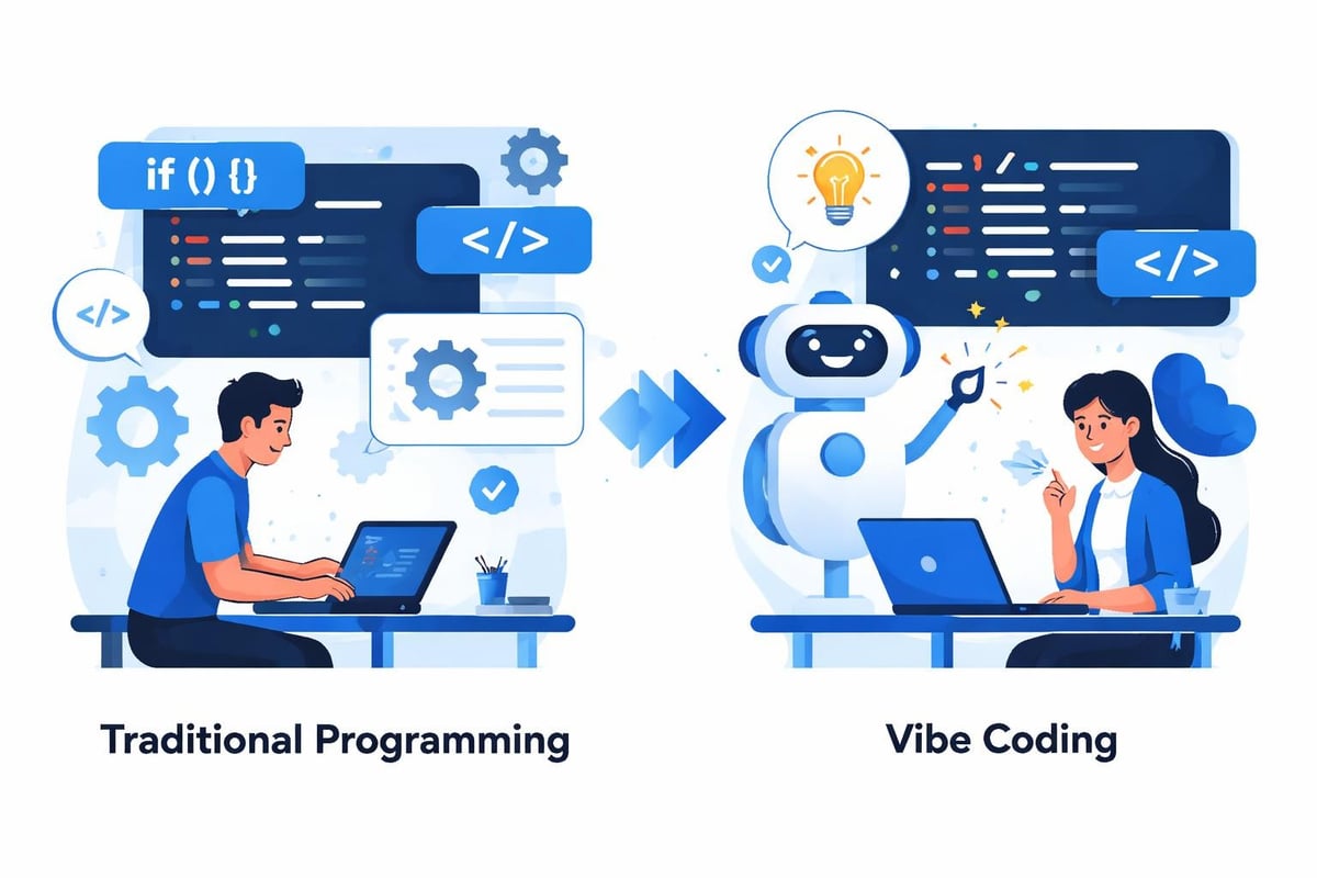 Traditional programming versus vibe coding workflow
