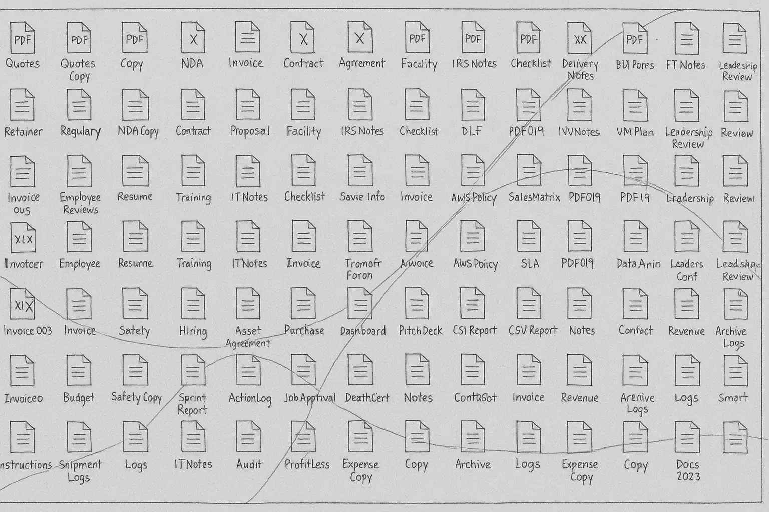 Wireframe outline of a desktop with many files