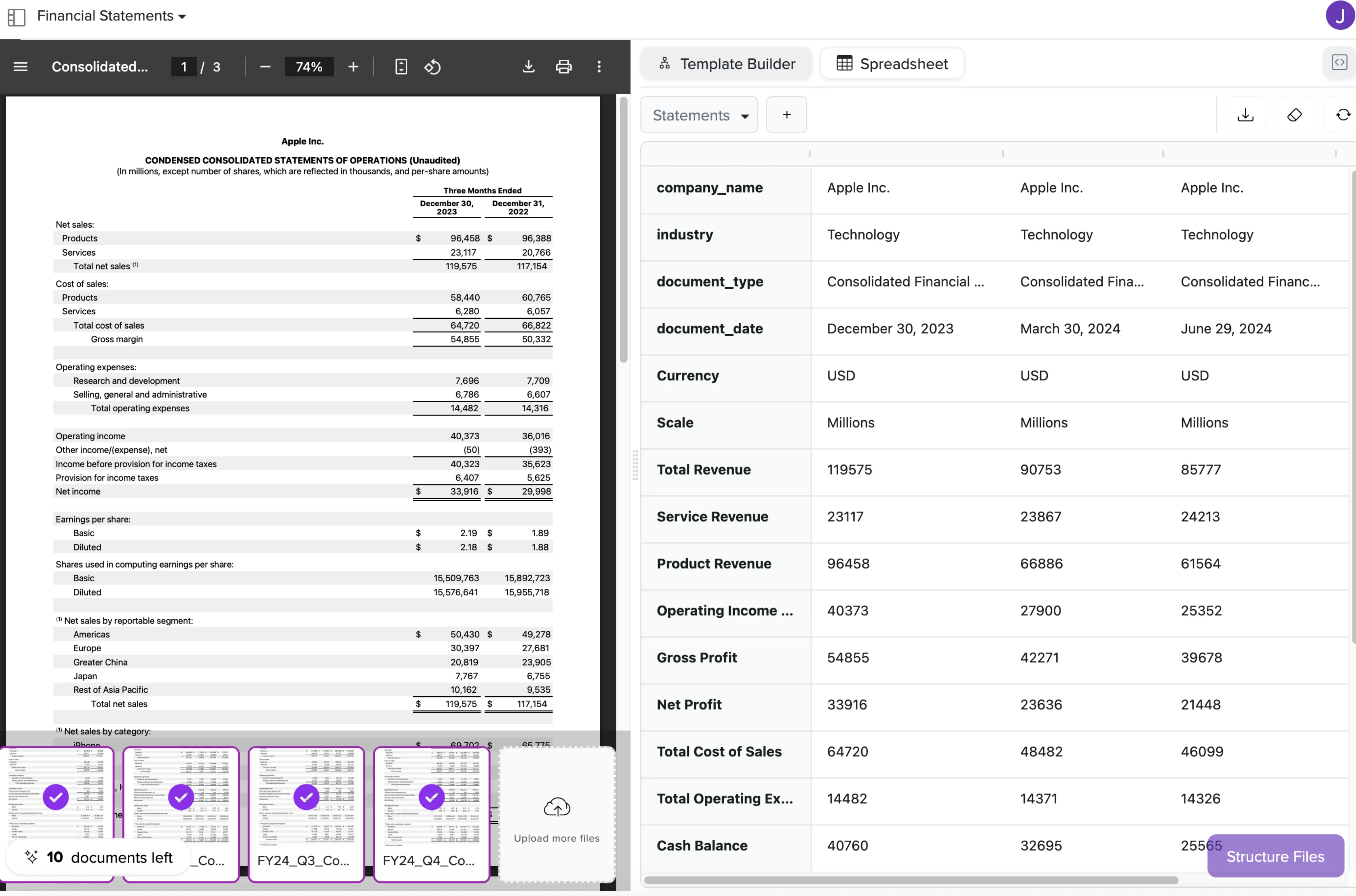 Screenshot of Talonic platform for financial statement data extraction and file combining