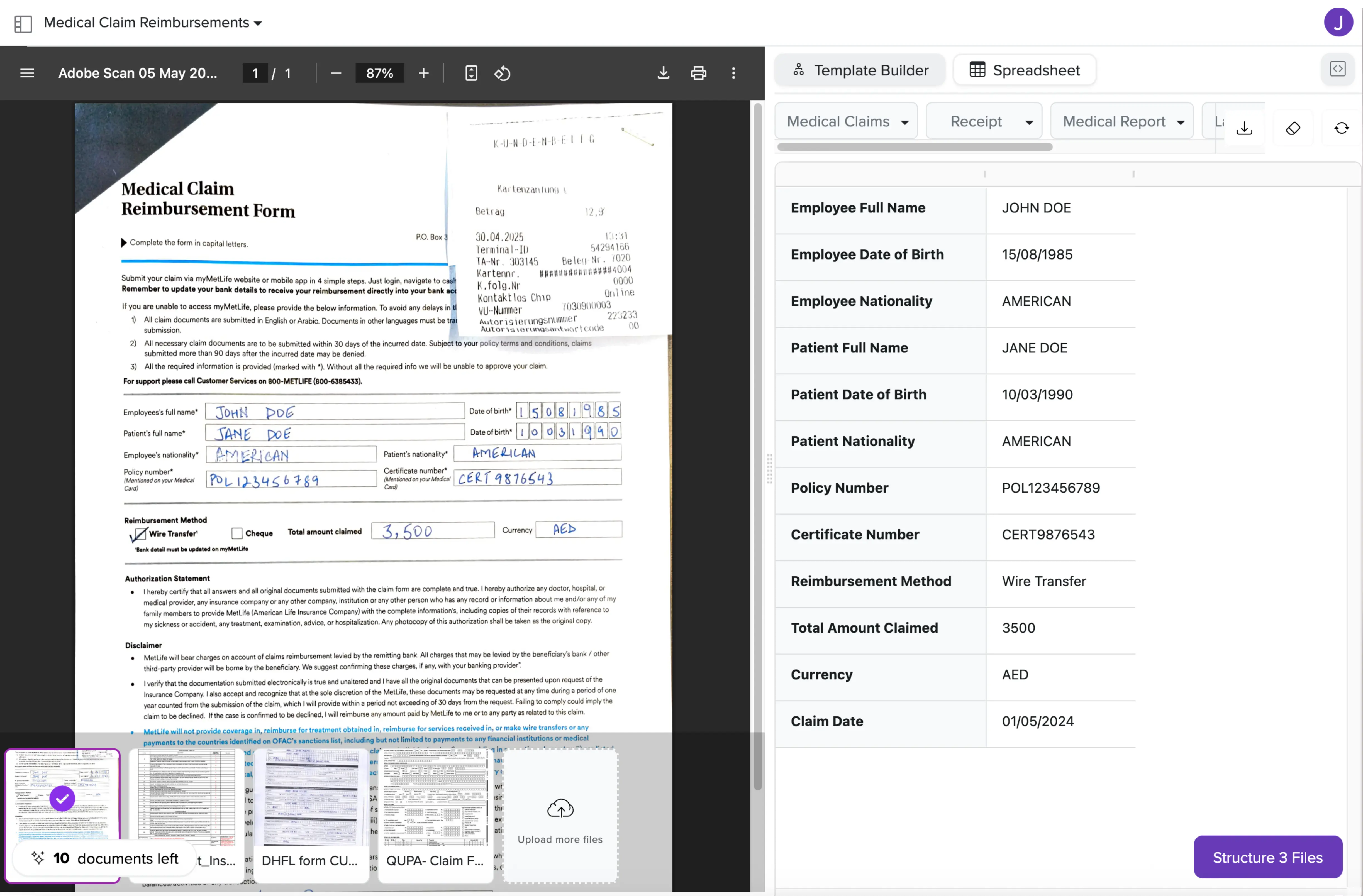 Talonic platform screenshot of Insurance claims documents combined with data extracted