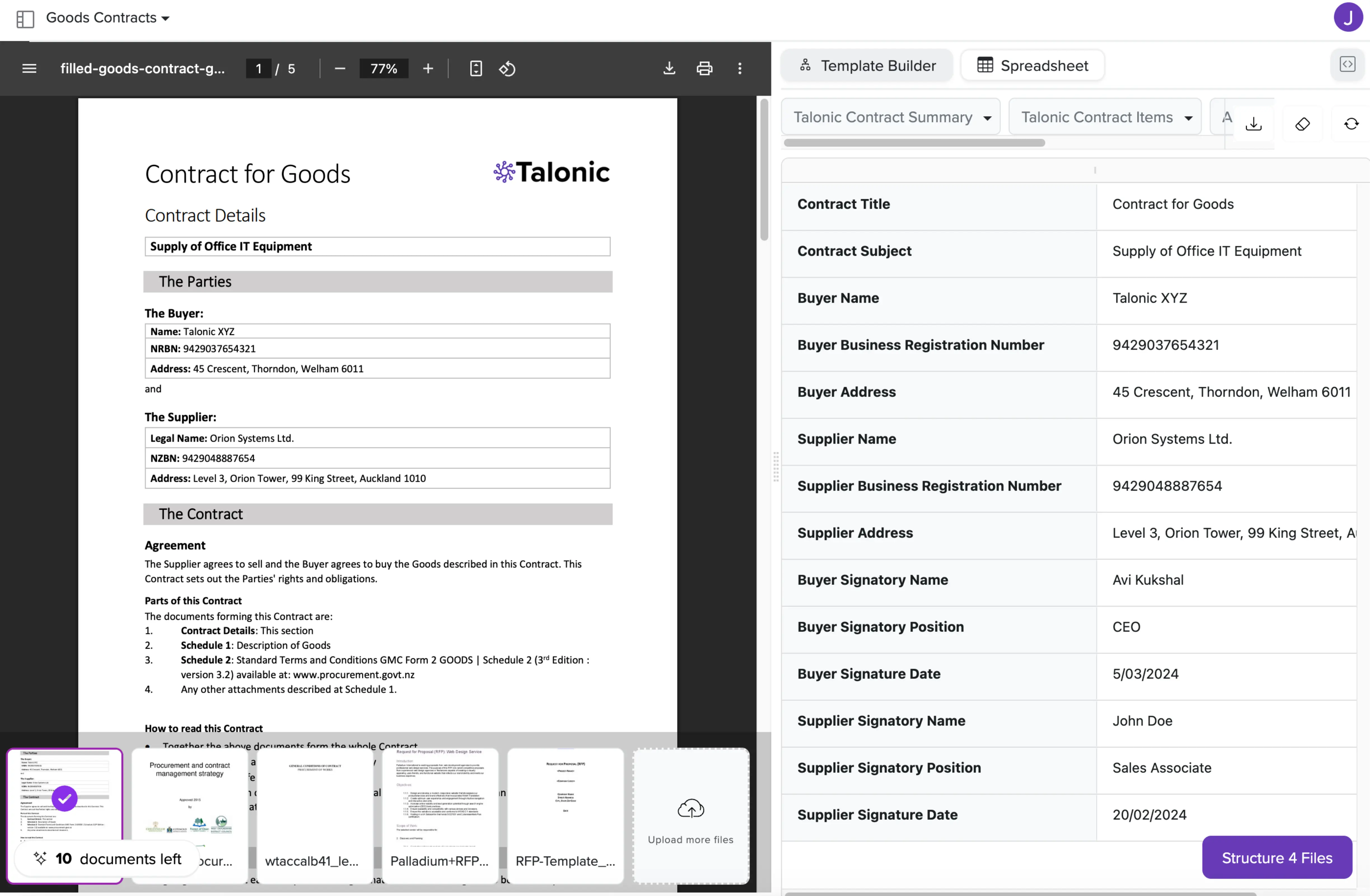 Talonic platform screenshot of procurement contracts documents combined with data extracted and organized