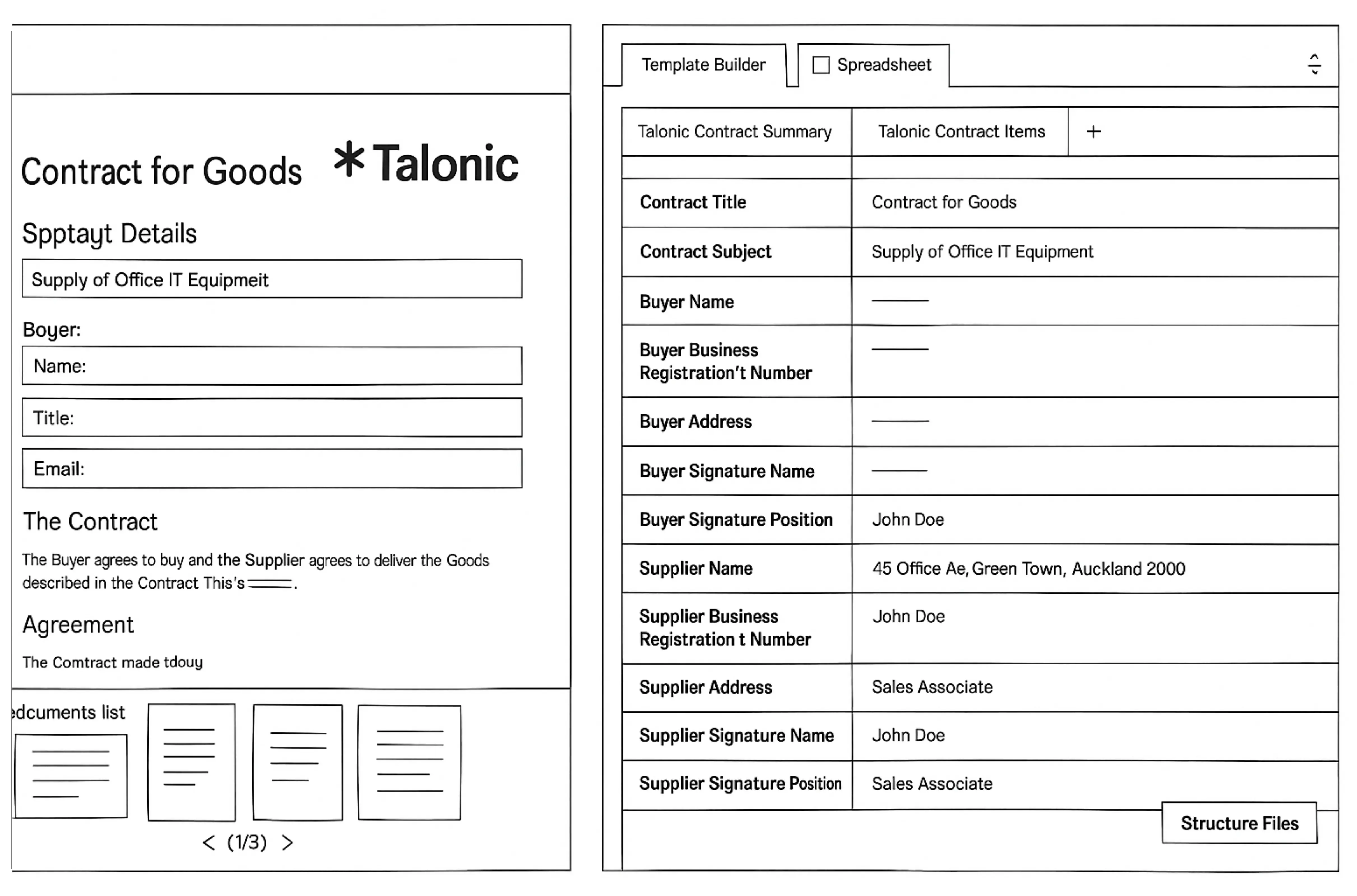 Wireframe outline of a procurement documents contracts with structured data