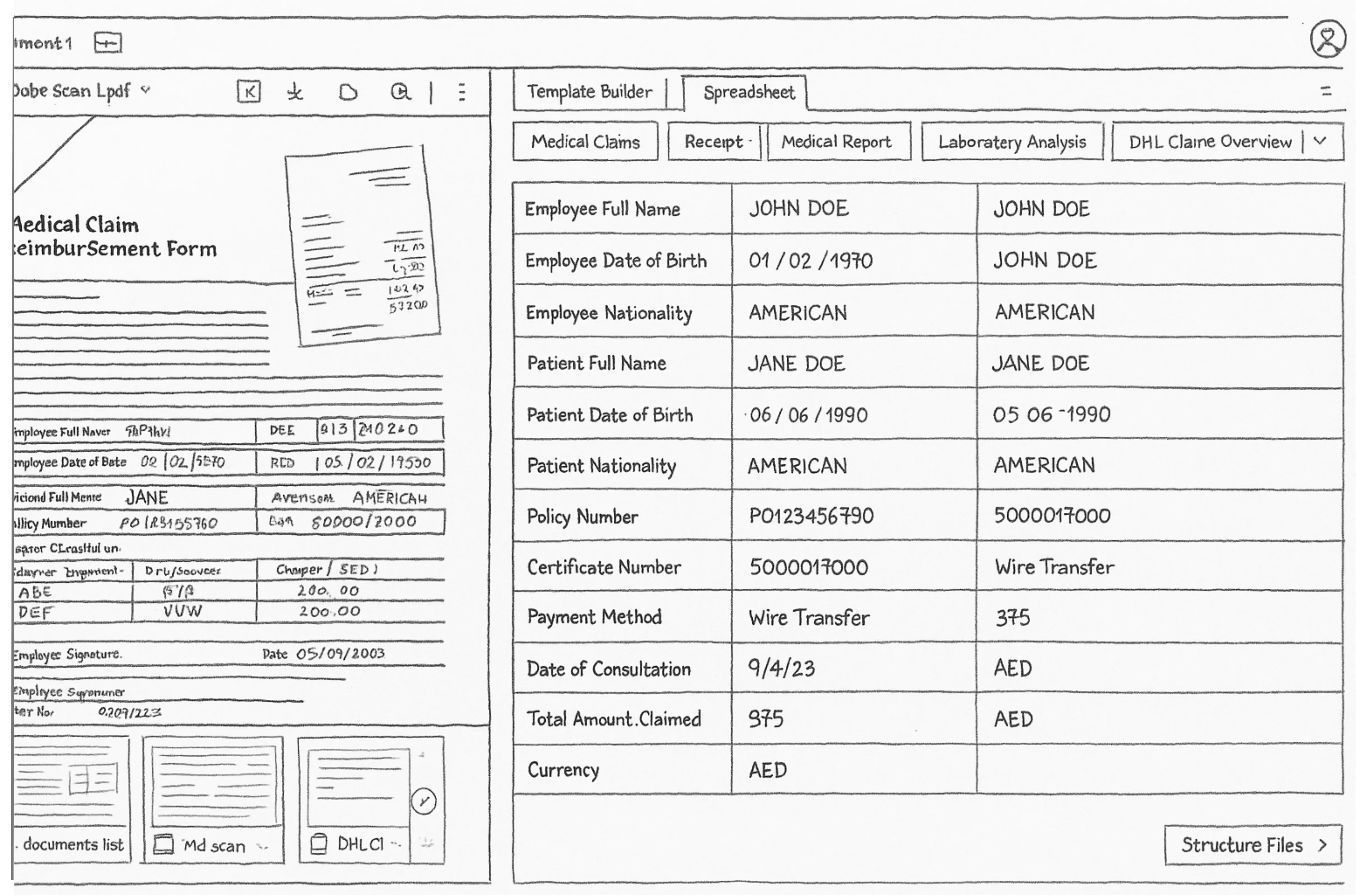 Wireframe outline of an insurance claim files with structured data