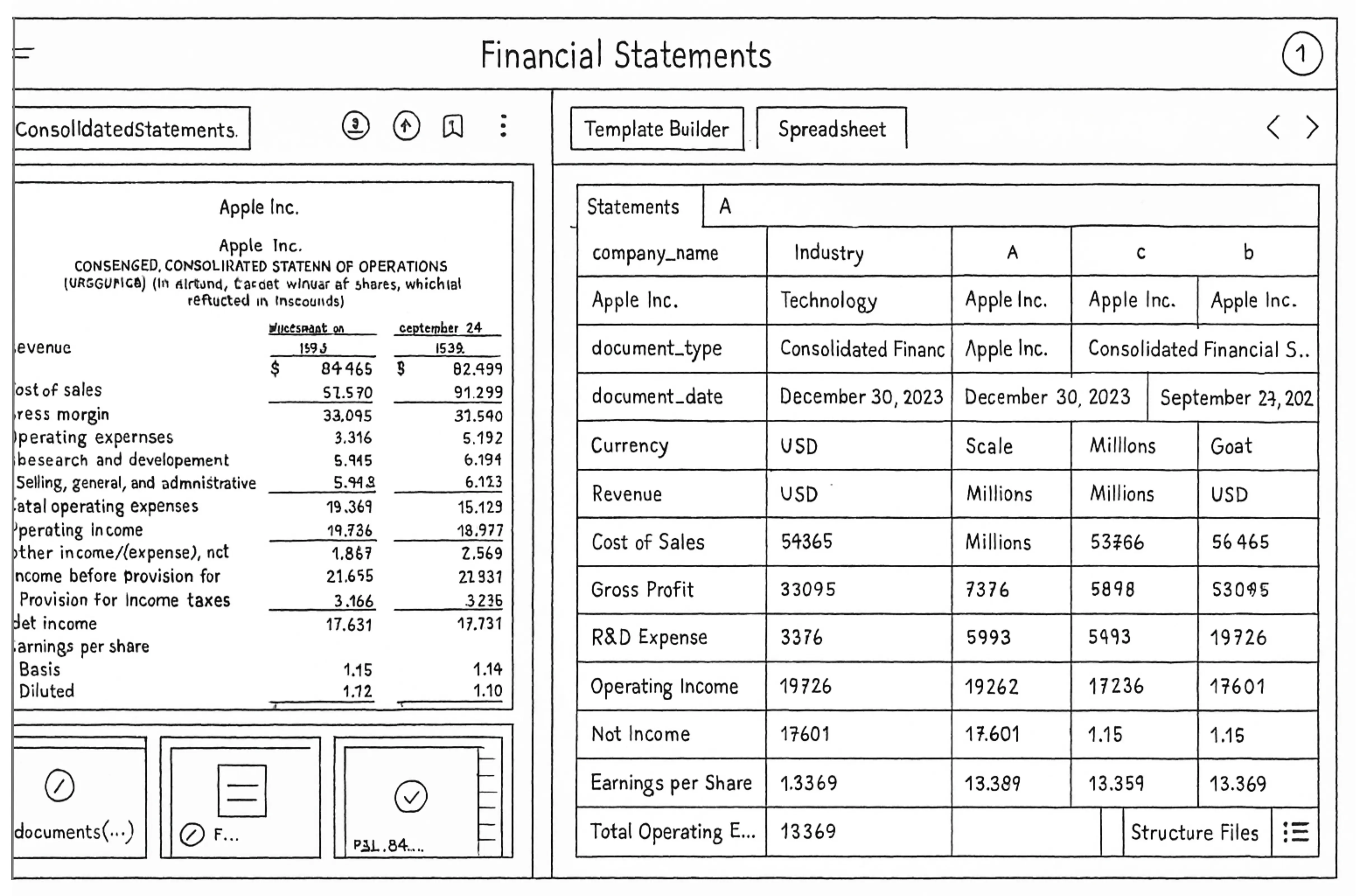Wireframe outline of a financial statement with structured data