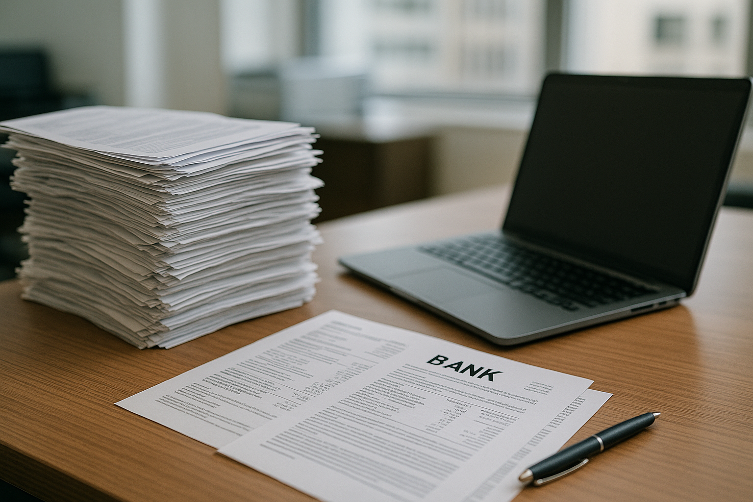Stack of bank documents next to a closed laptop and a pen on a wooden desk. Large windows in the background offer a blurred city view.