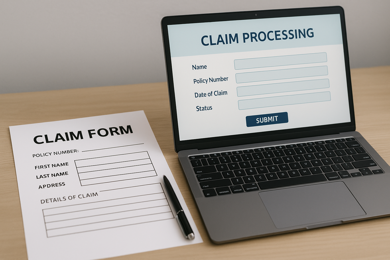 A laptop displaying a claim processing form sits beside a paper claim form and pen on a wooden desk, highlighting analog and digital filing options.