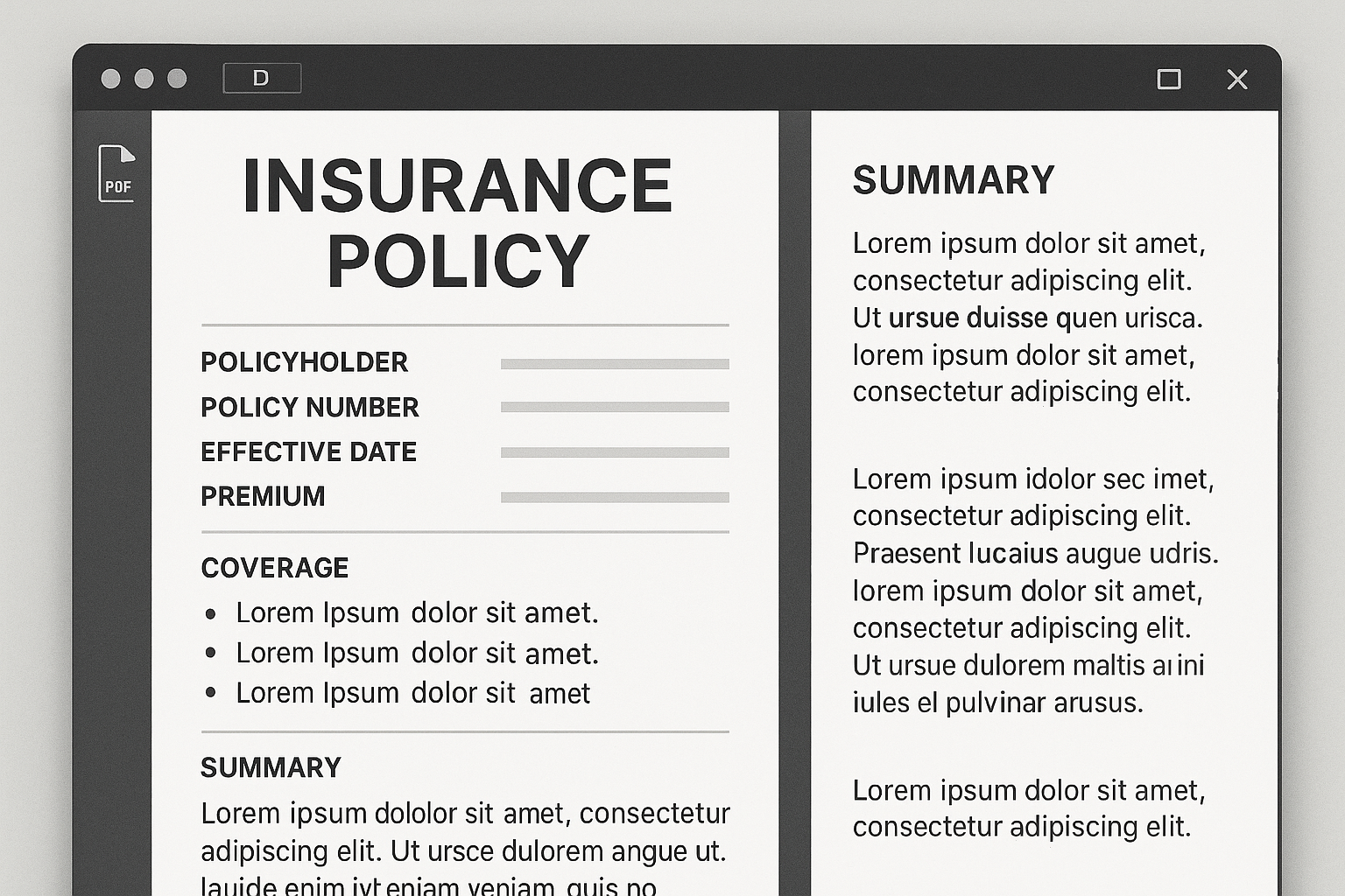 Digital insurance policy document with sections for policyholder details, coverage, and a summary. Includes placeholder text and bullet points.