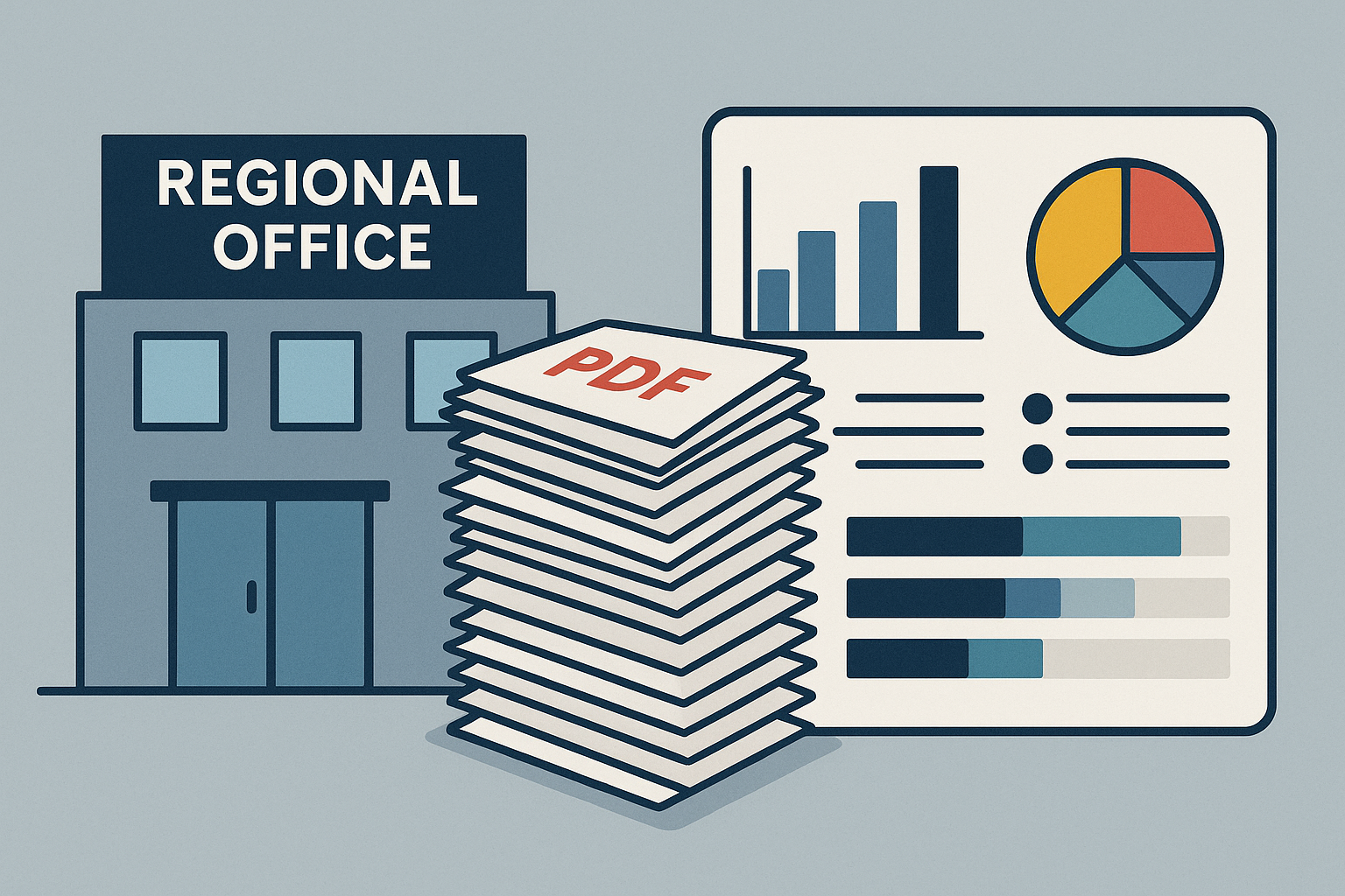 A stack of PDF documents is positioned between a building labeled "Regional Office" and an infographic featuring bar and pie charts.