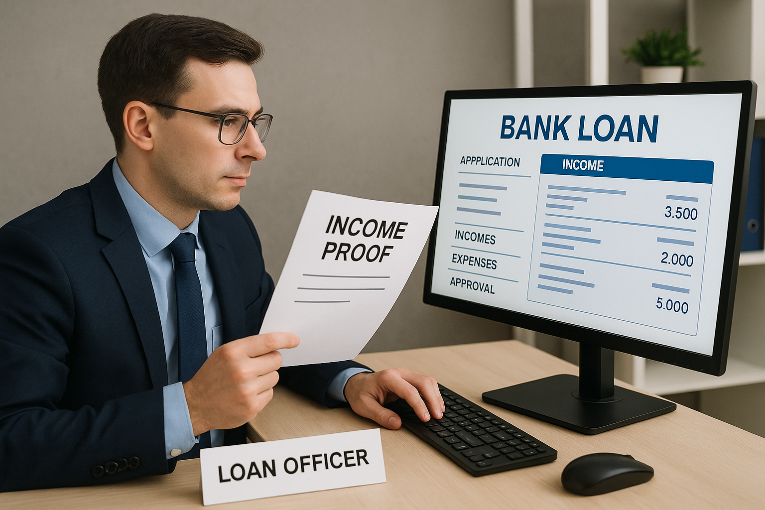 A man in a suit and glasses reviews an "Income Proof" document at a desk with a "Loan Officer" sign. A computer screen displays loan details.