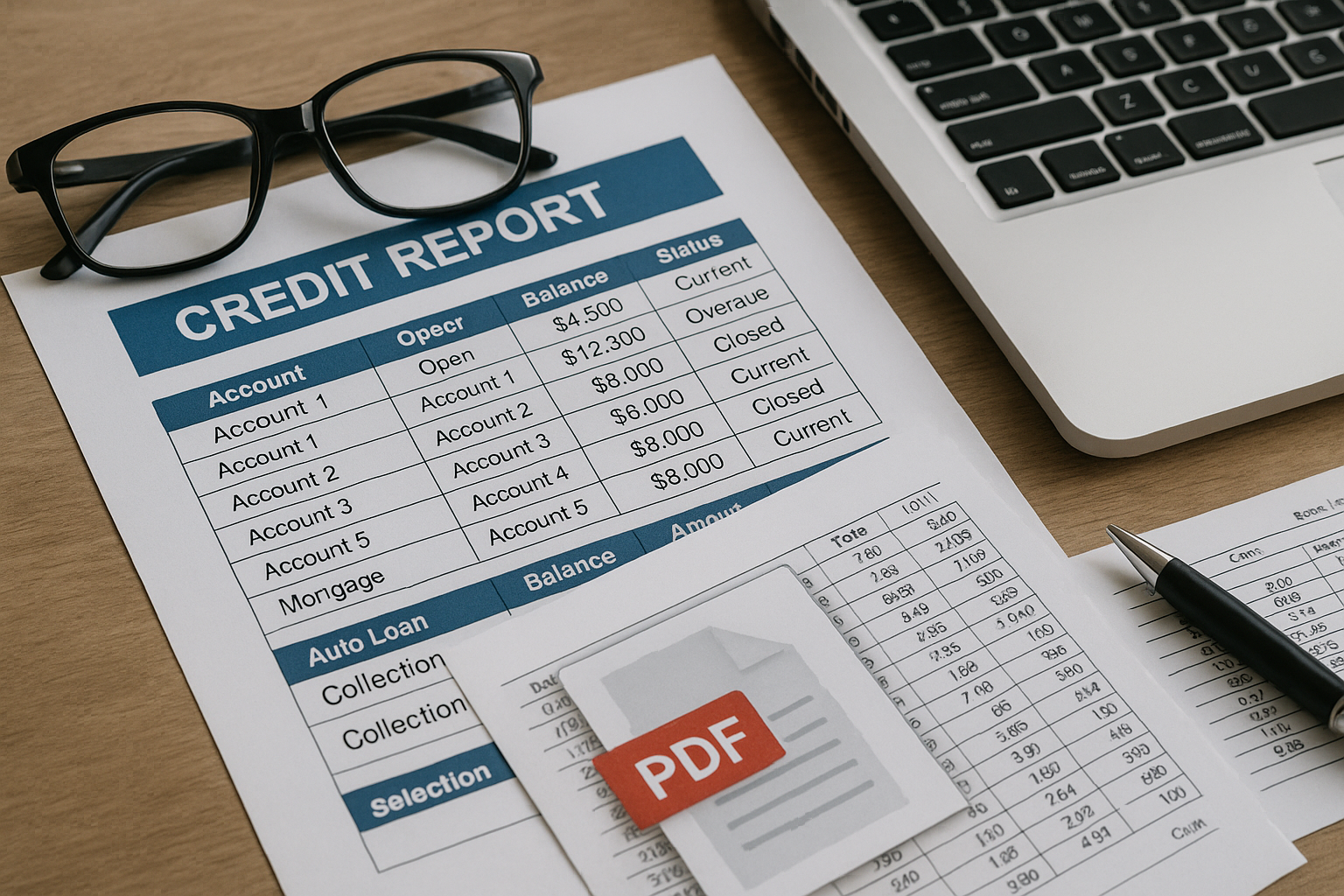 A detailed credit report lies on a desk beside a pair of glasses, a laptop keyboard, a pen, and a PDF icon, illustrating financial analysis.