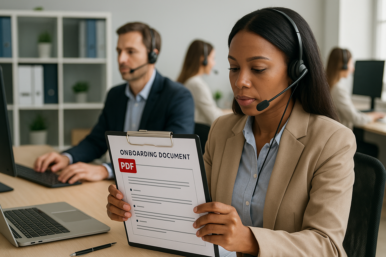 A woman wearing a headset reviews an onboarding document on a clipboard at her desk. Two colleagues in headsets work on laptops in the background.