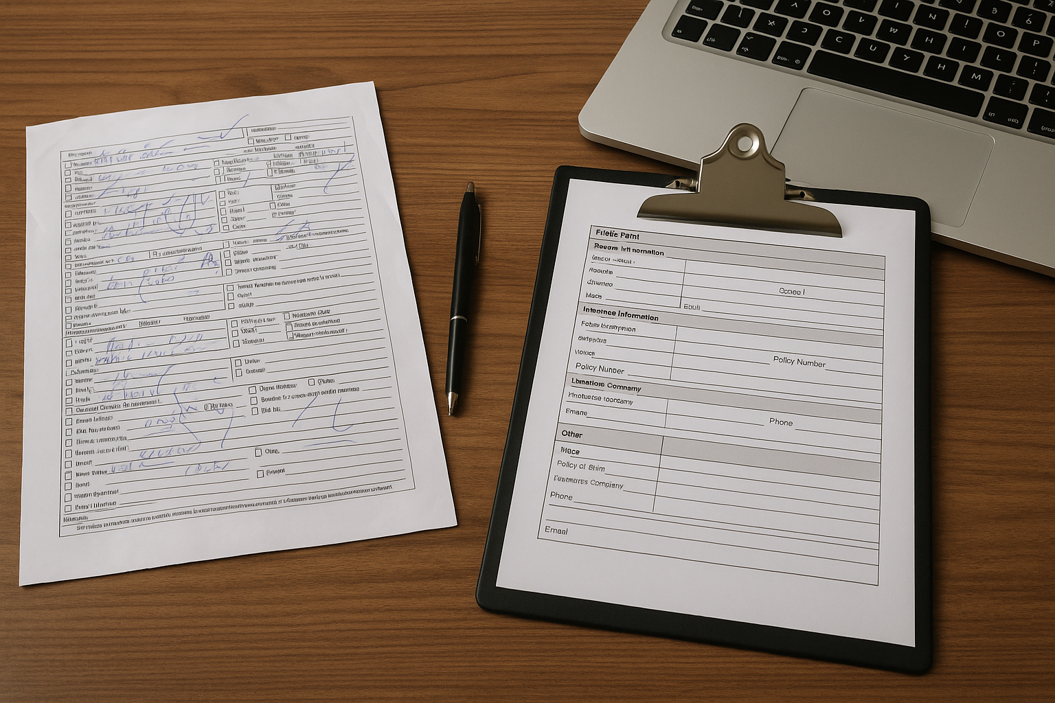 Two forms rest on a wooden desk: one with handwritten notes and checkmarks and the other blank on a clipboard, next to a pen and a laptop.