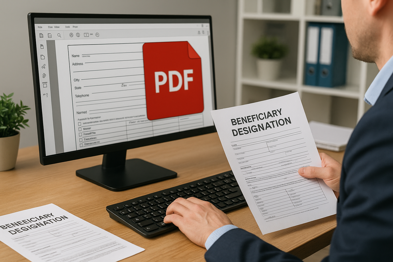 A person in a suit reviews a "Beneficiary Designation" form at a desk. A computer displays a PDF icon, with binders and a plant in the background.