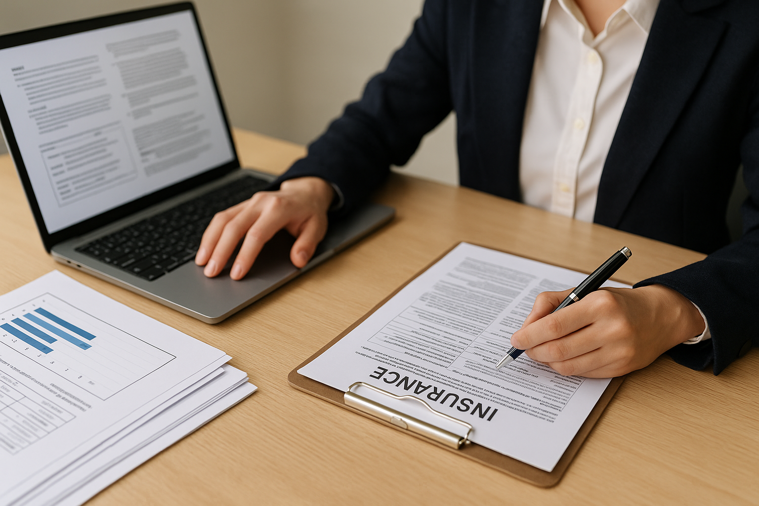 A person reviews an insurance contract on a clipboard while using a laptop. Nearby, a stack of papers with bar charts is visible on the wooden desk.