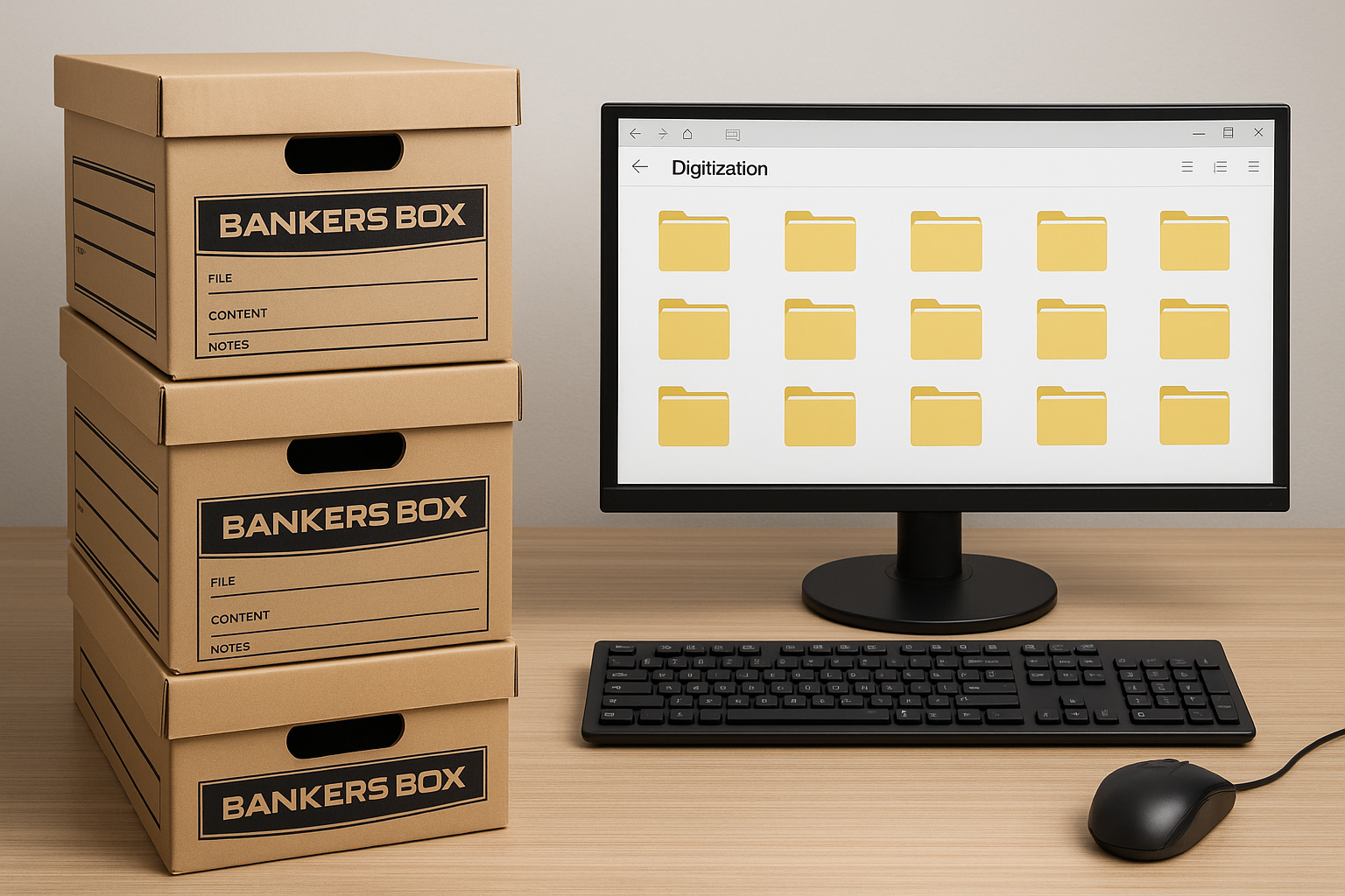 Three cardboard storage boxes labeled "Bankers Box" are stacked on a desk beside a computer monitor displaying digital folder icons.