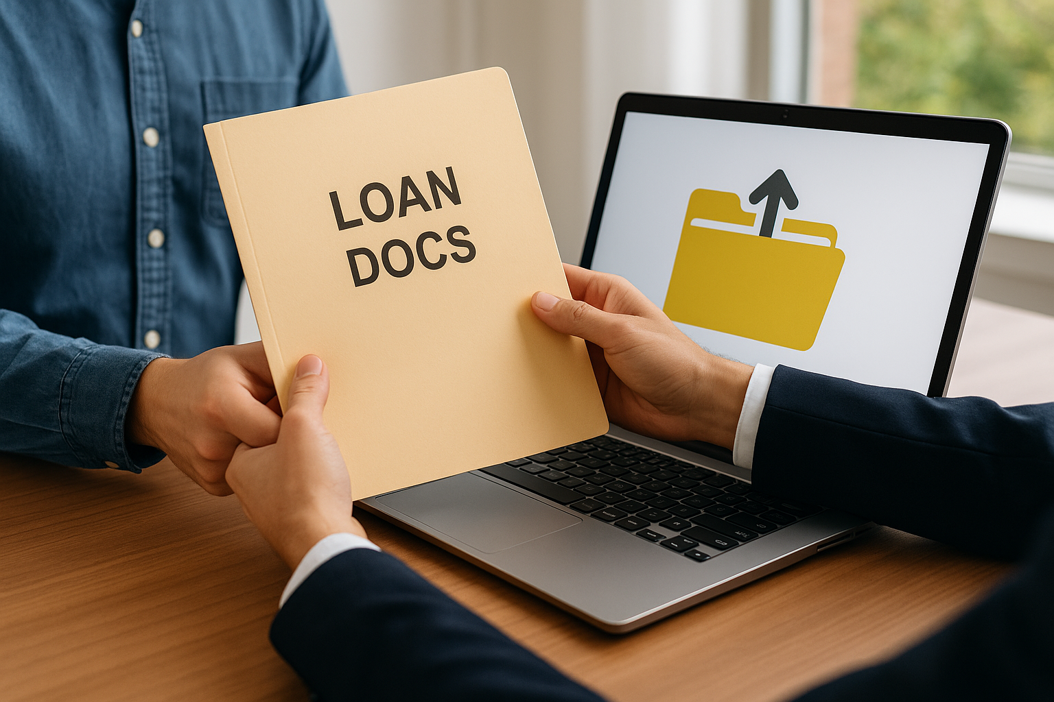 Two people exchange loan documents in a folder, with a laptop nearby displaying an upload icon of a yellow folder with an arrow.